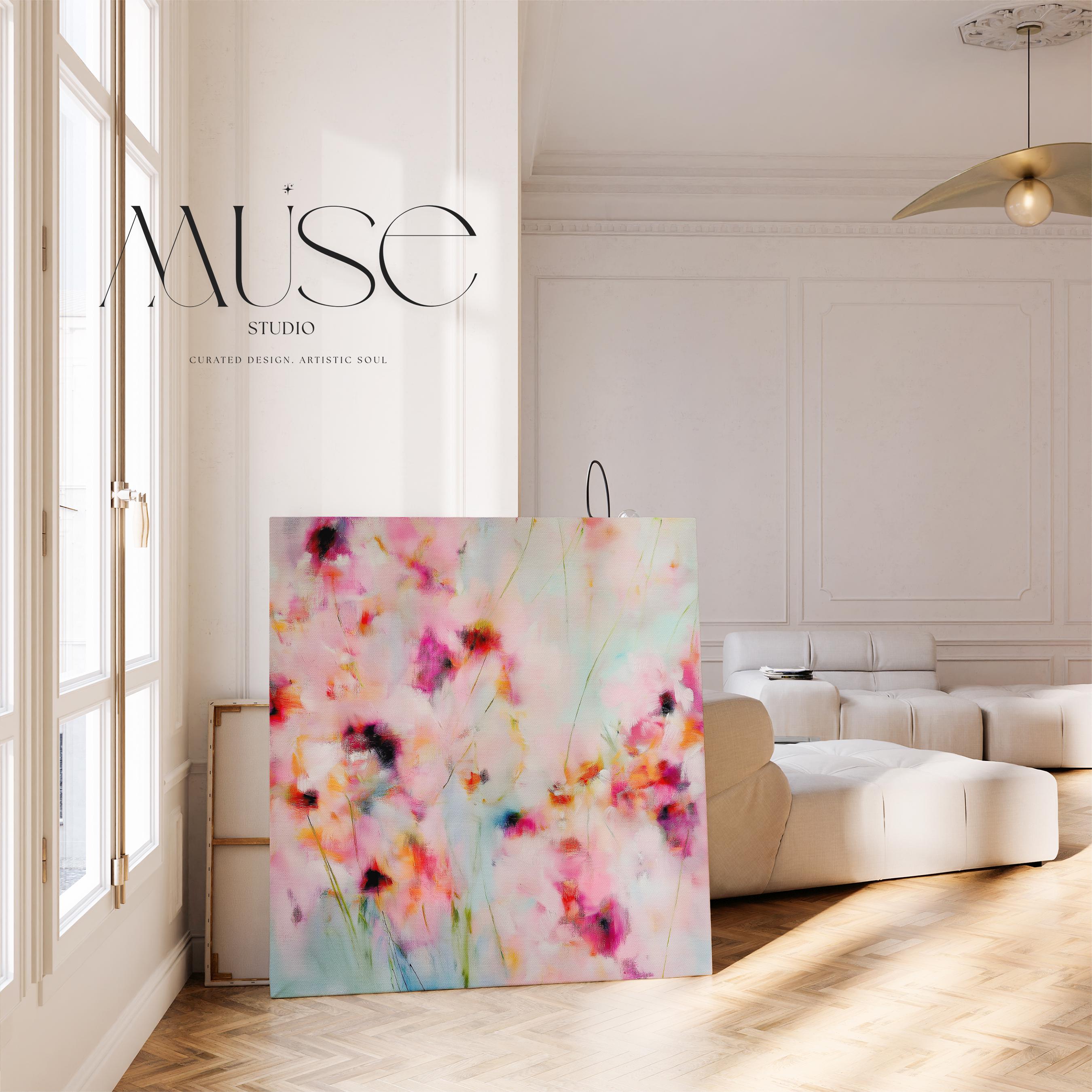 Wildflower Haze 1056 by Muse Studio large square floral canvas wall art featuring pink, coral and soft aqua abstract wildflowers printed with museum-grade giclée inks on premium gallery-wrapped artist canvas for Romantic Botanical bedrooms and colorful designer interiors.