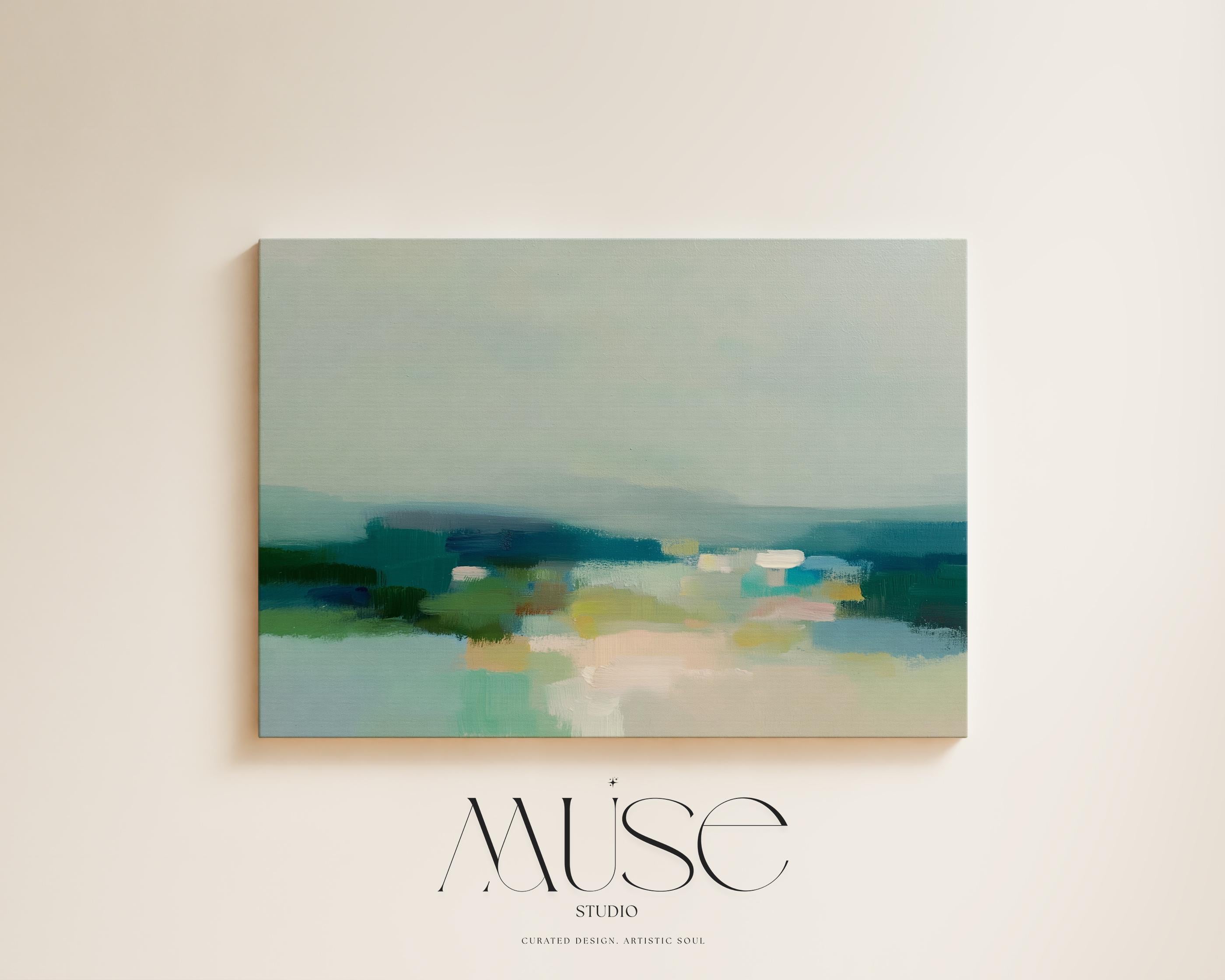 Muse Studio large gallery-wrapped canvas wall art featuring a coastal neutral abstract composition in soft teal, sage, sand, and deep blue tones, printed with museum-grade giclée inks on premium artist canvas for refined bedroom and living room interiors.