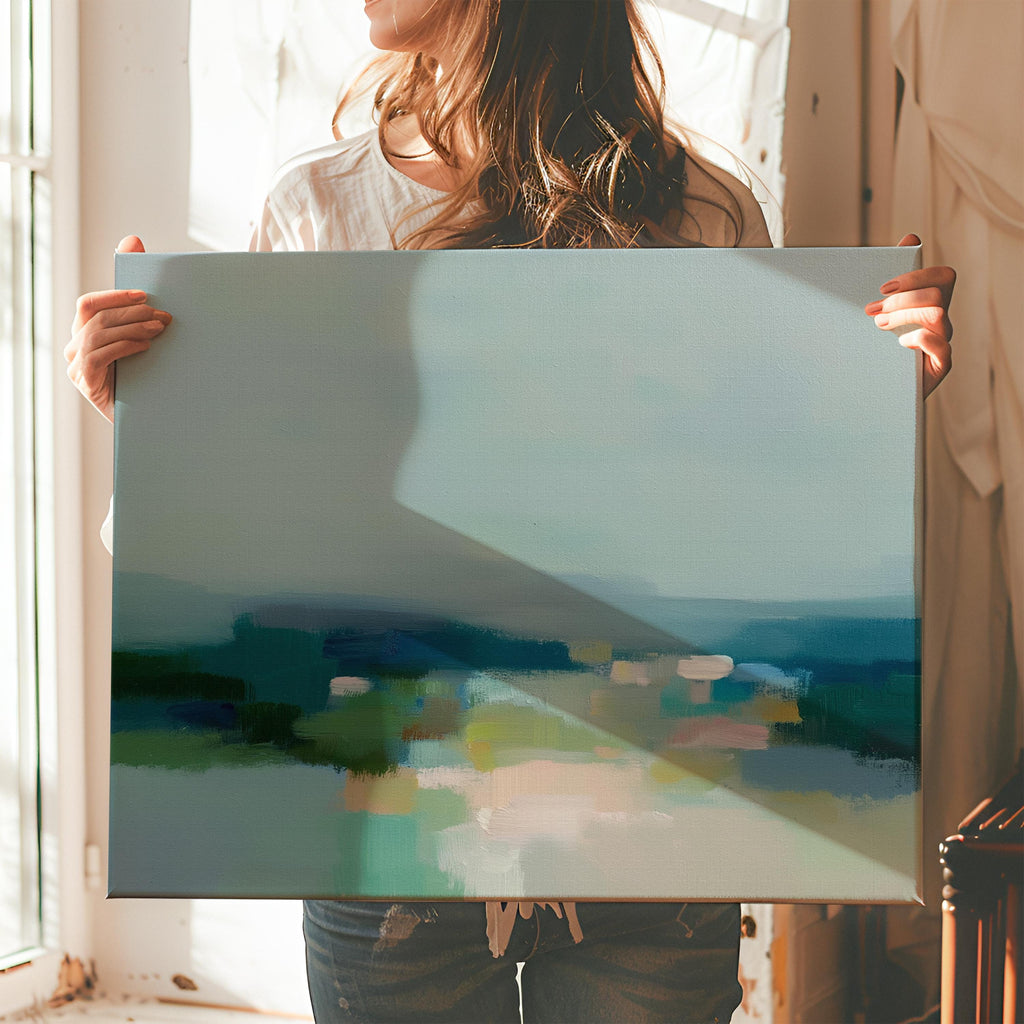 Muse Studio large gallery-wrapped canvas wall art featuring a coastal neutral abstract composition in soft teal, sage, sand, and deep blue tones, printed with museum-grade giclée inks on premium artist canvas for refined bedroom and living room interiors.