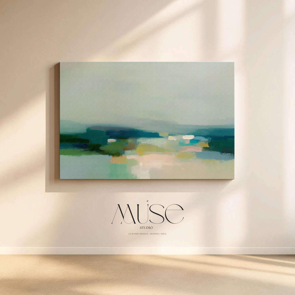 Muse Studio large gallery-wrapped canvas wall art featuring a coastal neutral abstract composition in soft teal, sage, sand, and deep blue tones, printed with museum-grade giclée inks on premium artist canvas for refined bedroom and living room interiors.