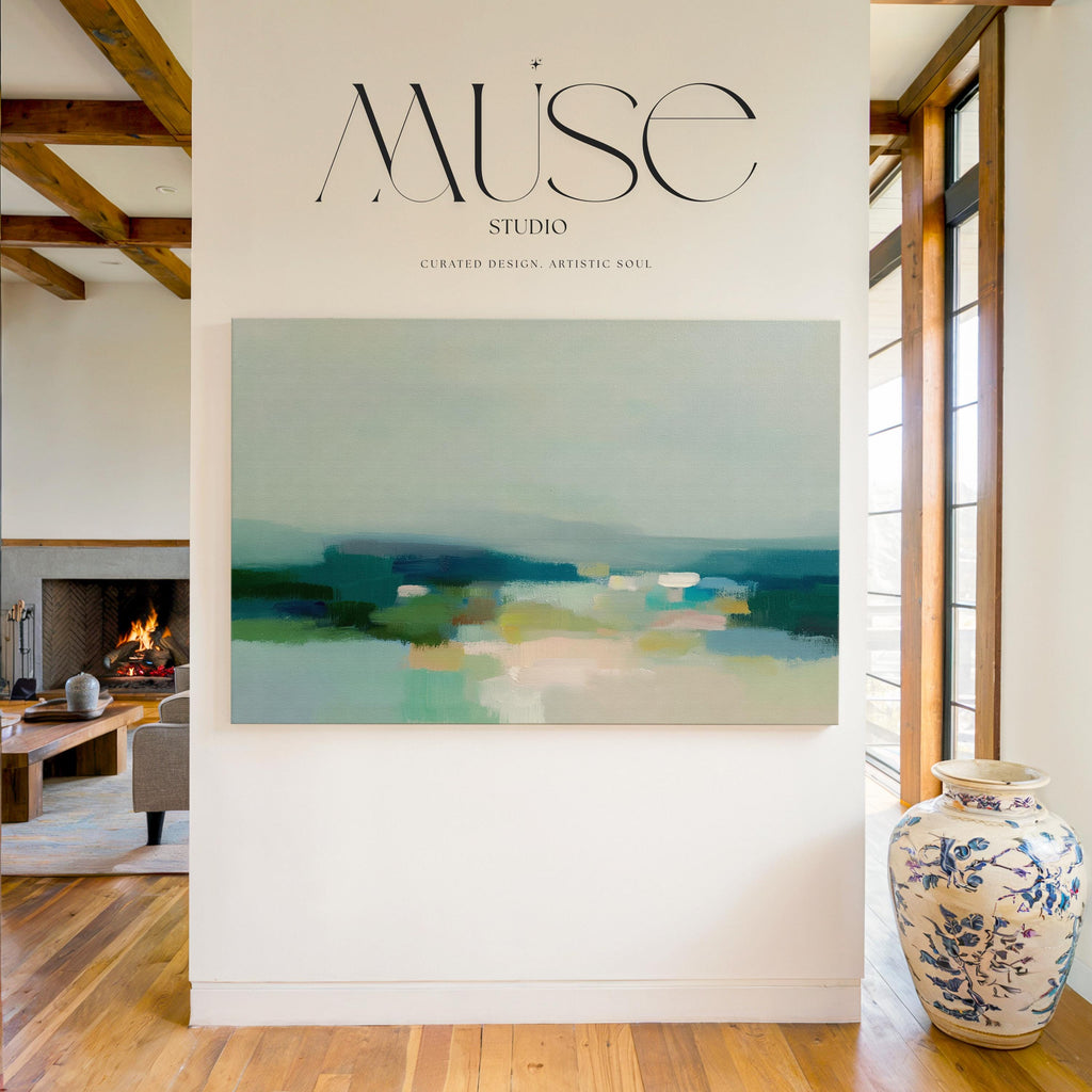 Muse Studio large gallery-wrapped canvas wall art featuring a coastal neutral abstract composition in soft teal, sage, sand, and deep blue tones, printed with museum-grade giclée inks on premium artist canvas for refined bedroom and living room interiors.
