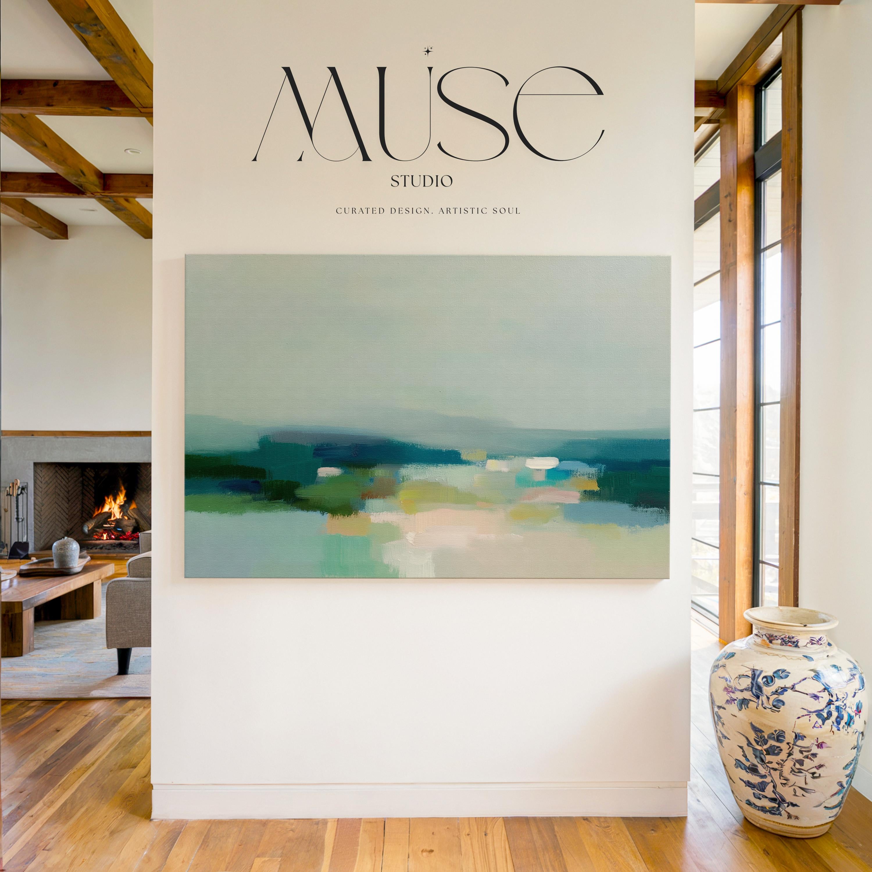 Muse Studio large gallery-wrapped canvas wall art featuring a coastal neutral abstract composition in soft teal, sage, sand, and deep blue tones, printed with museum-grade giclée inks on premium artist canvas for refined bedroom and living room interiors.