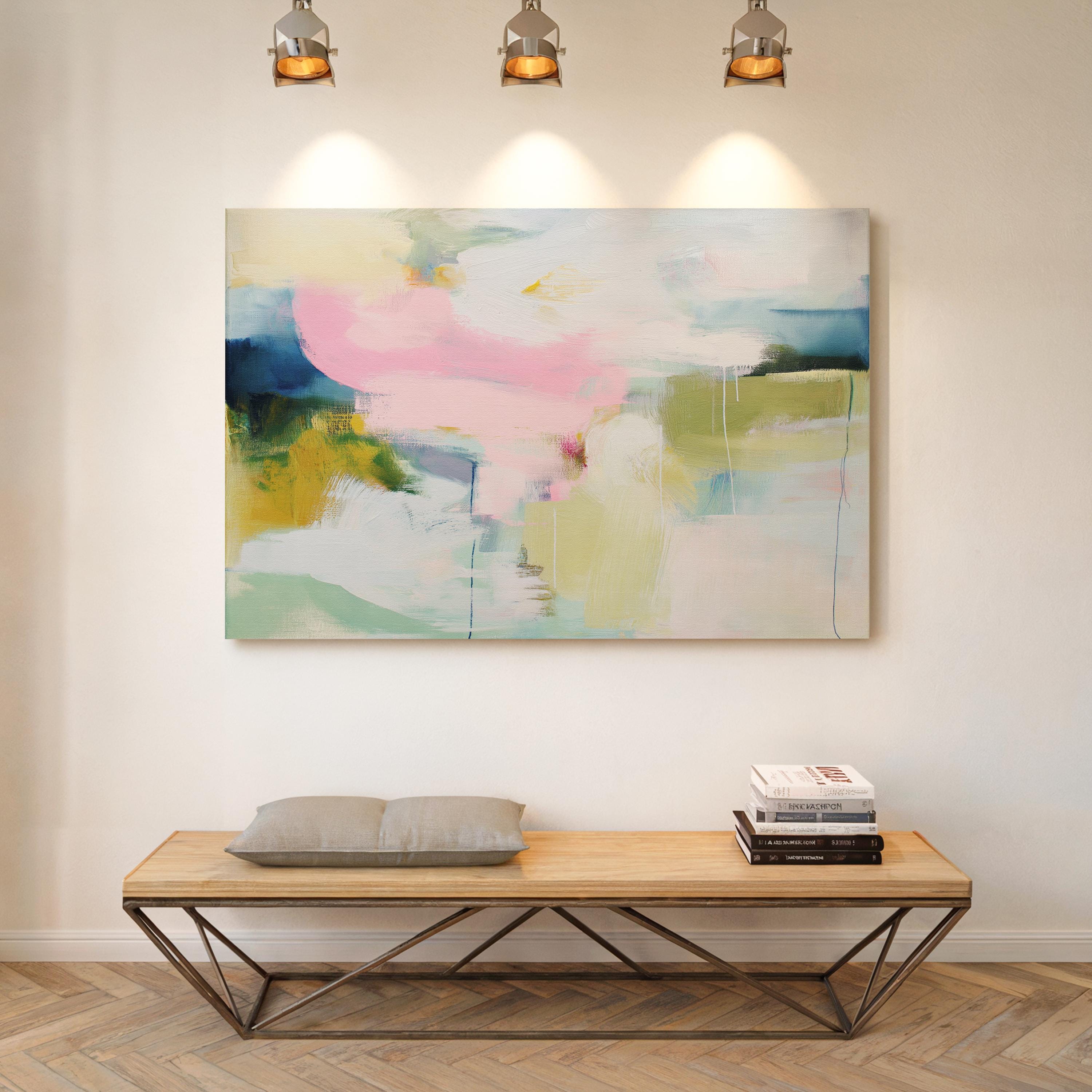 Large Abstract Floral Canvas Wall Art · Pastel Modern Painting in Blush Pink Soft Blue and Sage for Bedroom Living Room or Nursery · Modern Farmhouse Cottage Garden Wall Decor on Premium Artist Canvas Printed with Museum-Grade Giclée Inks · Ready to Hang Oversized Statement Art · Muse Studio Blush Horizon 1044