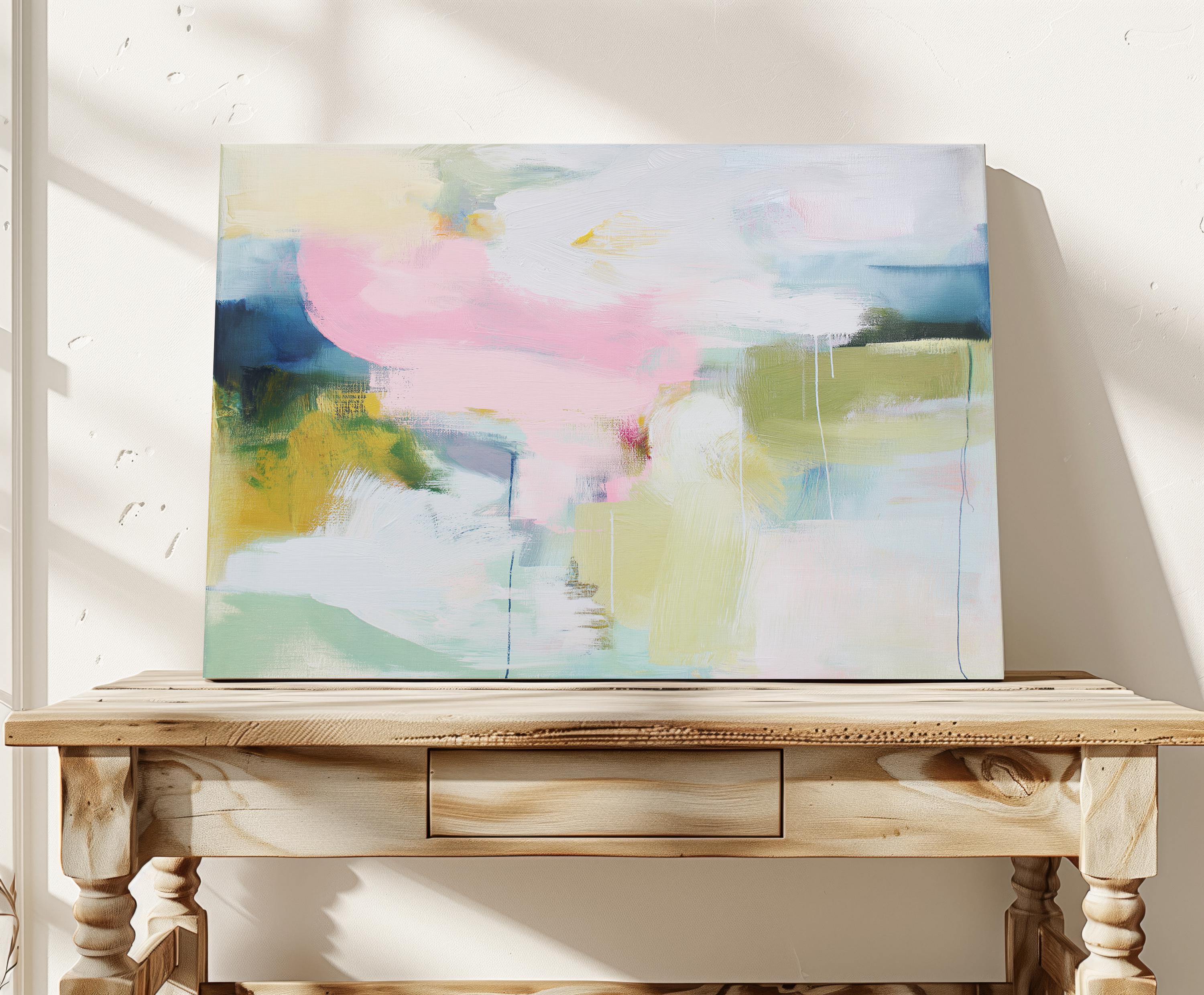 Large Abstract Floral Canvas Wall Art · Pastel Modern Painting in Blush Pink Soft Blue and Sage for Bedroom Living Room or Nursery · Modern Farmhouse Cottage Garden Wall Decor on Premium Artist Canvas Printed with Museum-Grade Giclée Inks · Ready to Hang Oversized Statement Art · Muse Studio Blush Horizon 1044