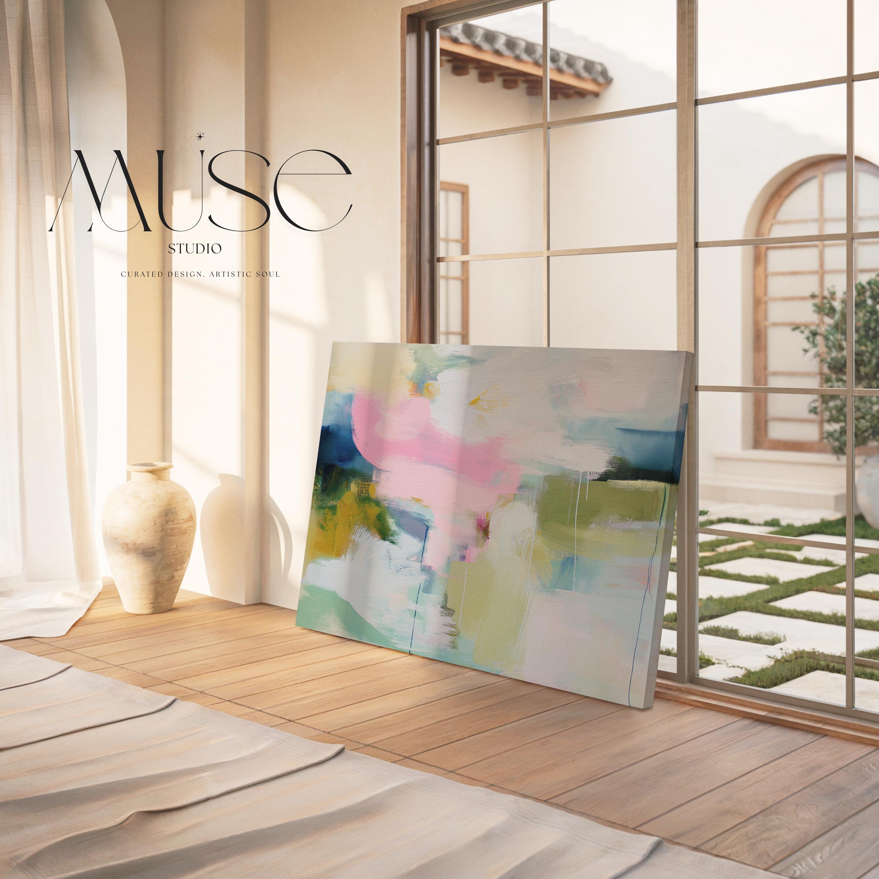 Muse Studio large gallery-wrapped canvas wall art featuring a modern pastel abstract composition in blush pink, olive, mint, mustard, and blue tones printed with museum-grade giclée inks for bedroom decor.