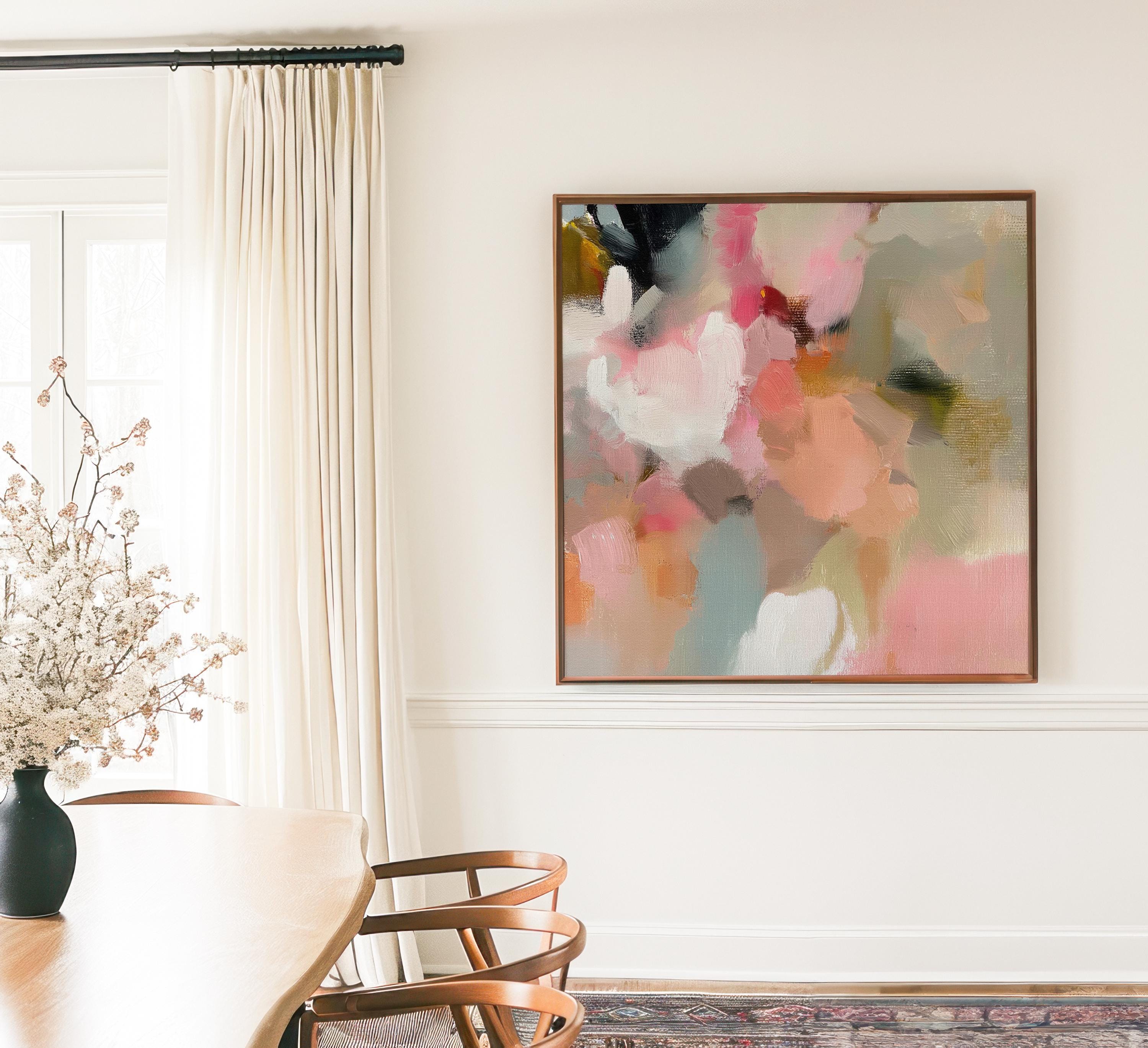 Spring Sonata No. 1047 by Muse Studio & Co. blush pink peach floral abstract wall art printed with museum-grade giclée inks on premium gallery-wrapped cotton canvas and framed in natural wood, styled above a linen bed in a serene designer bedroom with soft botanical decor.