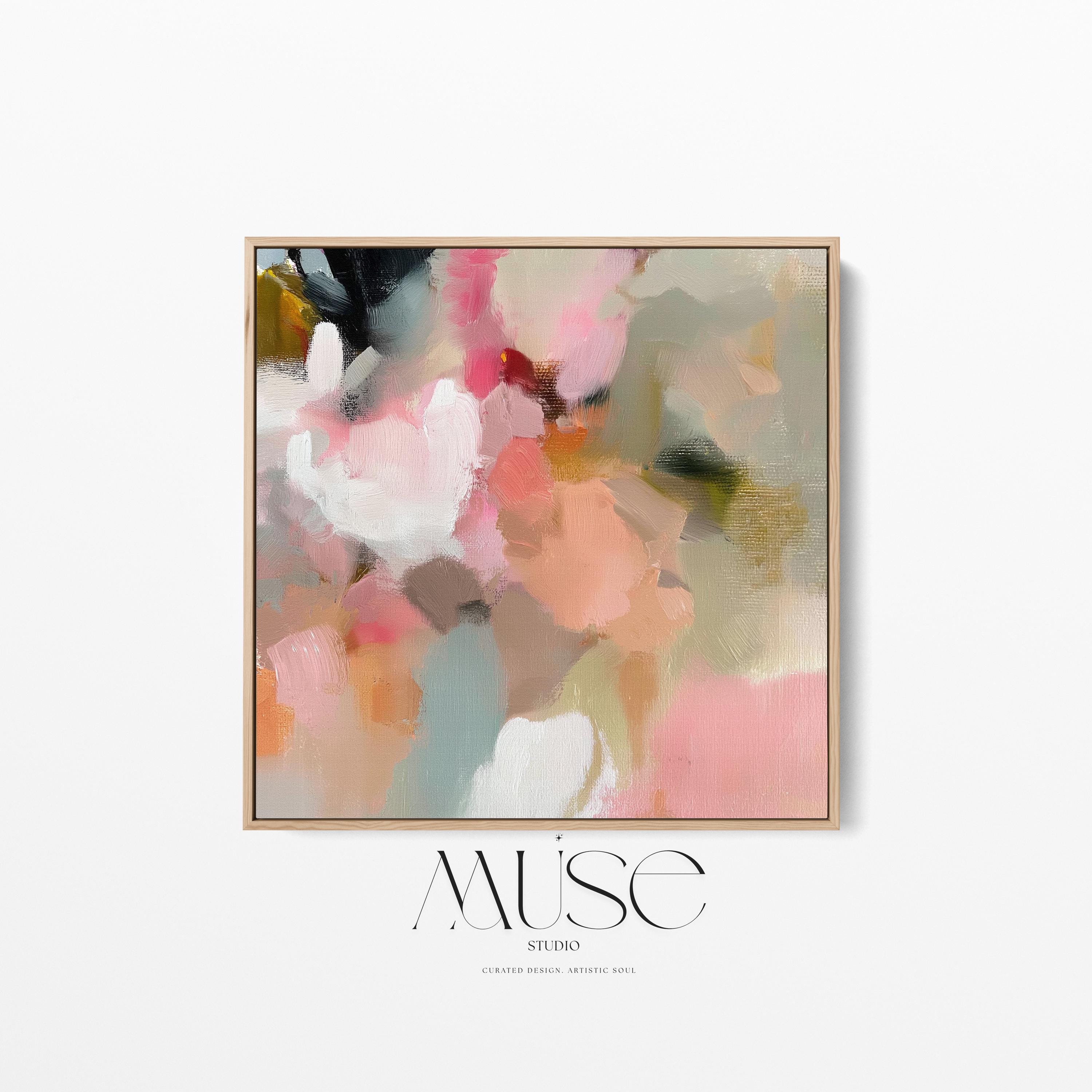 Spring Sonata No. 1047 by Muse Studio & Co. blush pink peach floral abstract wall art printed with museum-grade giclée inks on premium gallery-wrapped cotton canvas and framed in natural wood, styled above a linen bed in a serene designer bedroom with soft botanical decor.
