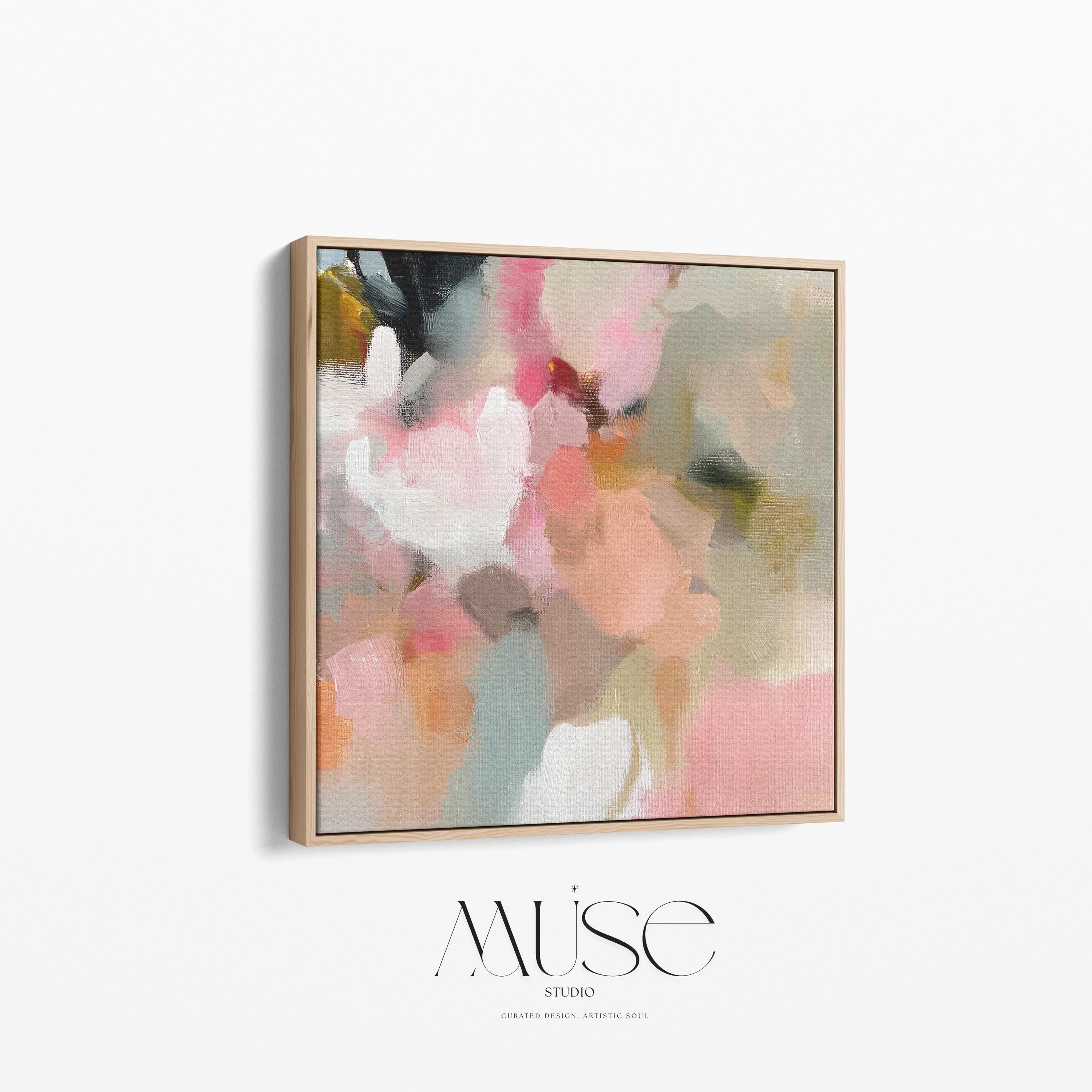 Spring Sonata No. 1047 by Muse Studio & Co. blush pink peach floral abstract wall art printed with museum-grade giclée inks on premium gallery-wrapped cotton canvas and framed in natural wood, styled above a linen bed in a serene designer bedroom with soft botanical decor.
