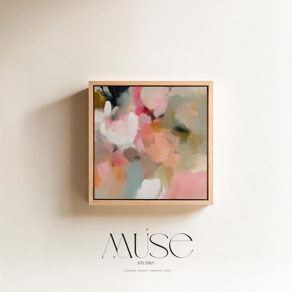 Spring Sonata No. 1047 by Muse Studio & Co. blush pink peach floral abstract wall art printed with museum-grade giclée inks on premium gallery-wrapped cotton canvas and framed in natural wood, styled above a linen bed in a serene designer bedroom with soft botanical decor.