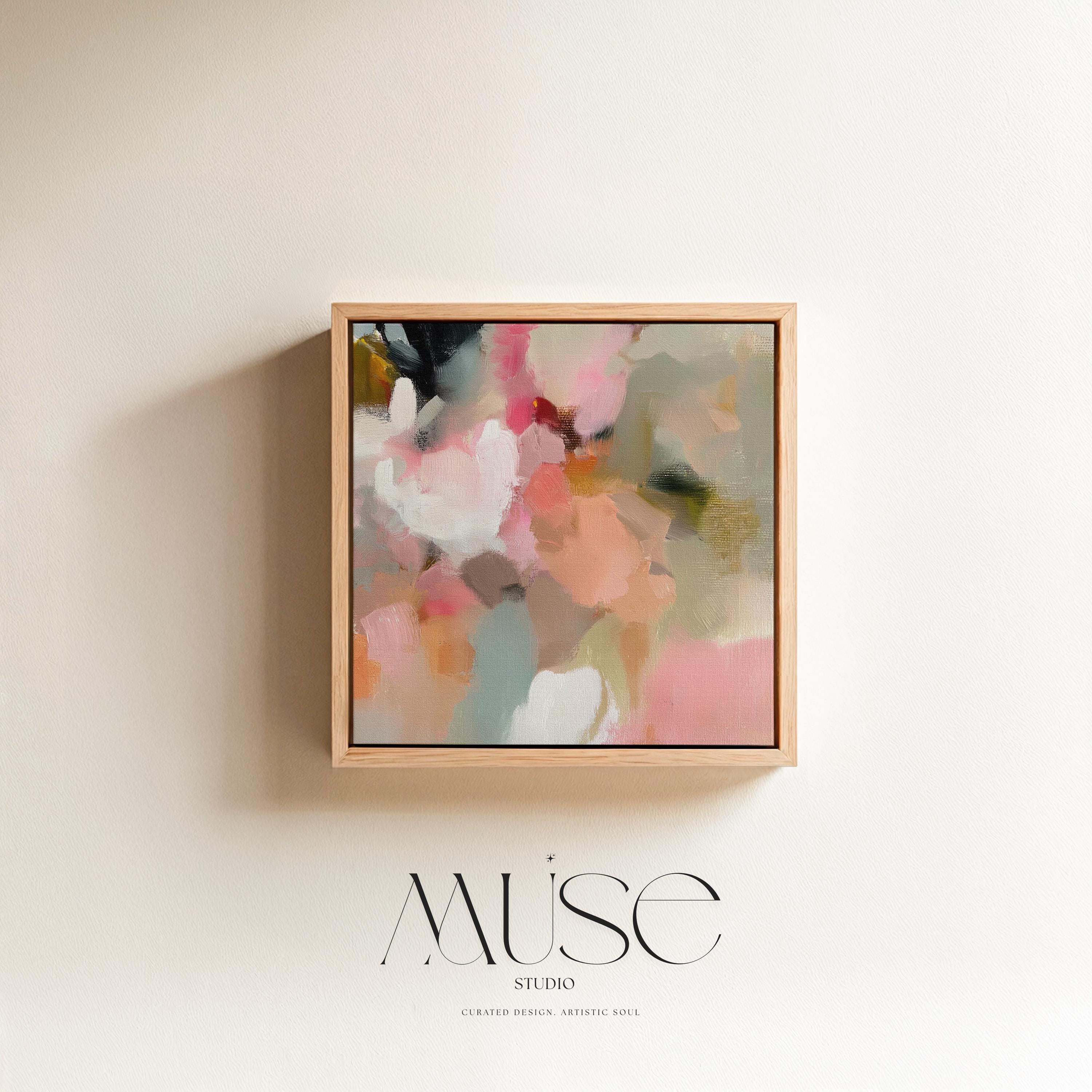 Spring Sonata No. 1047 by Muse Studio & Co. blush pink peach floral abstract wall art printed with museum-grade giclée inks on premium gallery-wrapped cotton canvas and framed in natural wood, styled above a linen bed in a serene designer bedroom with soft botanical decor.