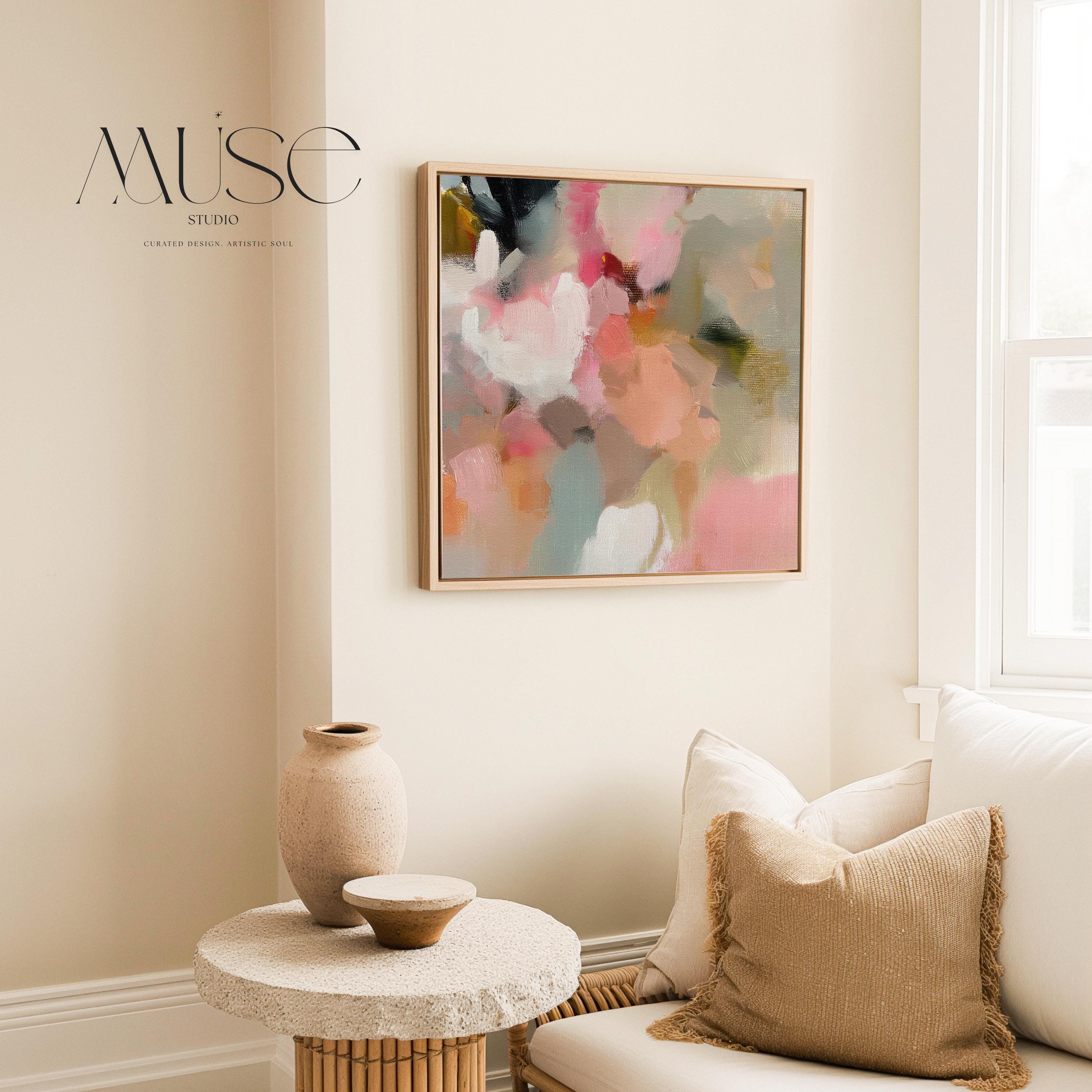 Spring Sonata No. 1047 by Muse Studio & Co. blush pink peach floral abstract wall art printed with museum-grade giclée inks on premium gallery-wrapped cotton canvas and framed in natural wood, styled above a linen bed in a serene designer bedroom with soft botanical decor.