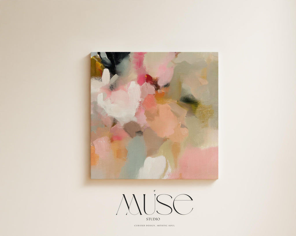 Spring Sonata No. 1047 by Muse Studio & Co. blush peach floral abstract canvas wall art printed with museum-grade giclée inks on premium gallery-wrapped artist canvas, styled above a linen bed in a serene contemporary bedroom.
