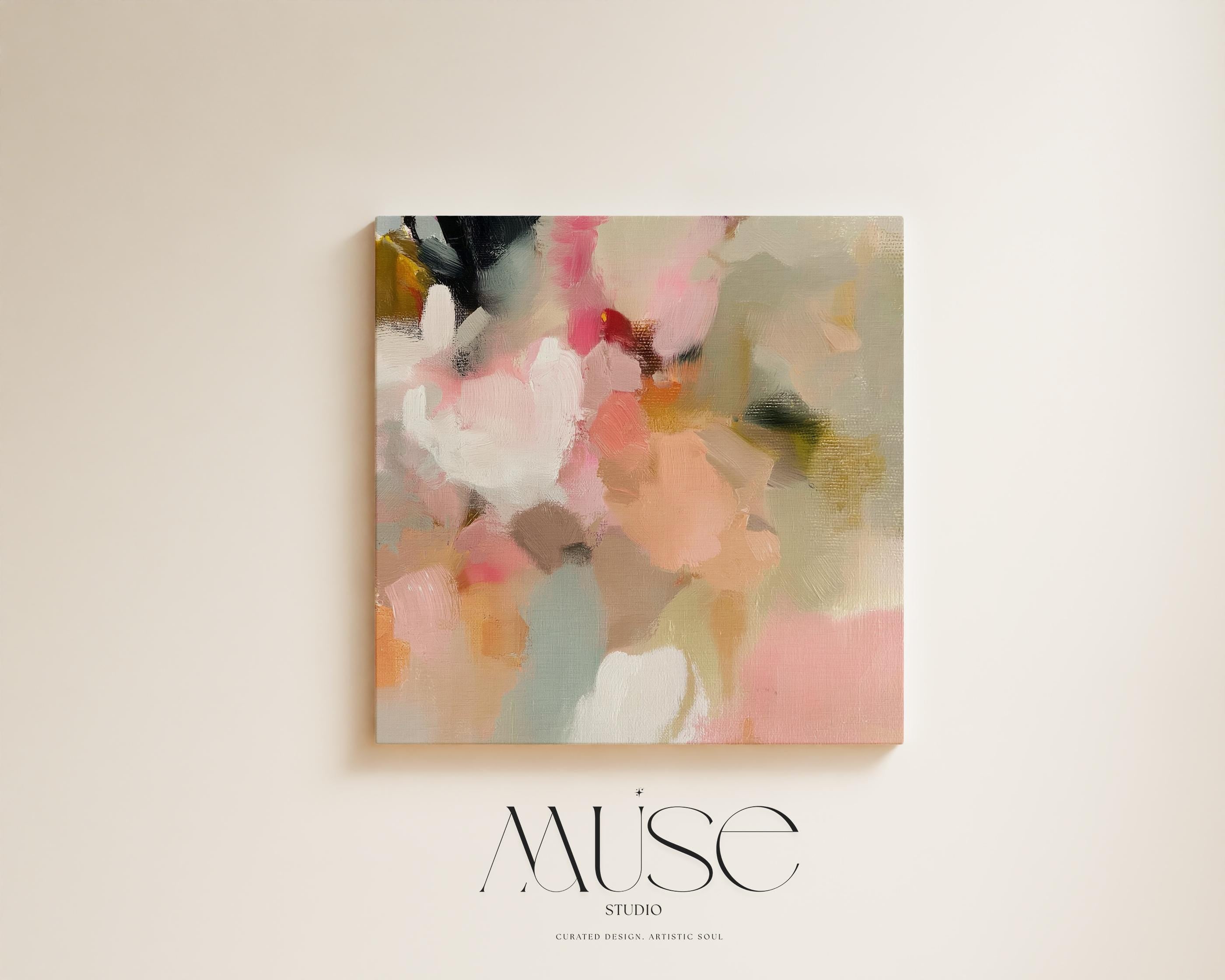 Spring Sonata No. 1047 by Muse Studio & Co. blush peach floral abstract canvas wall art printed with museum-grade giclée inks on premium gallery-wrapped artist canvas, styled above a linen bed in a serene contemporary bedroom.