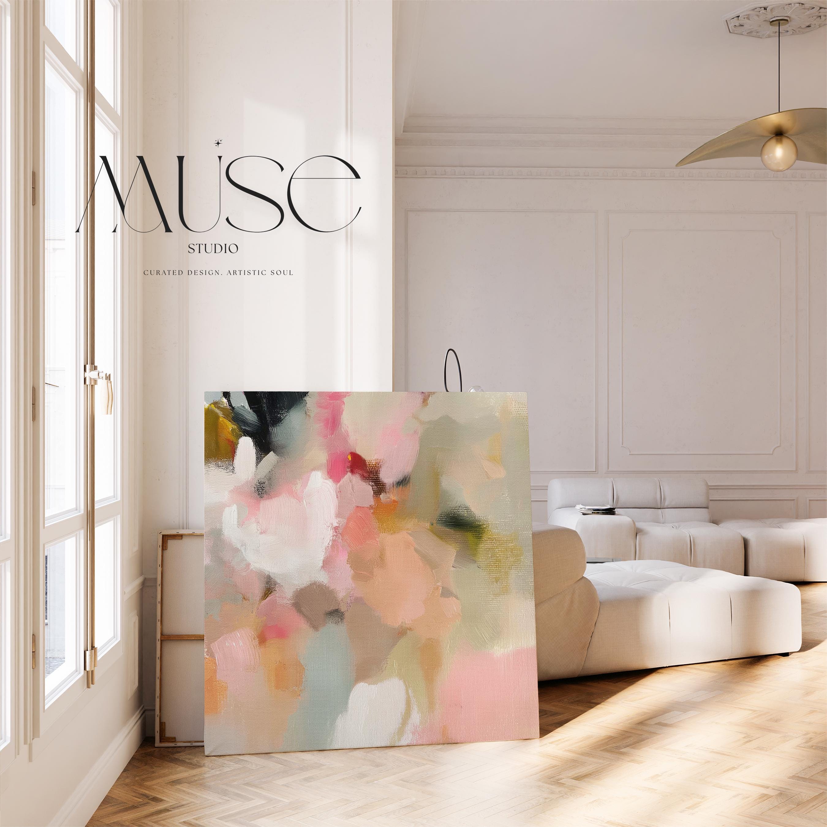 Spring Sonata No. 1047 by Muse Studio & Co. blush peach floral abstract canvas wall art printed with museum-grade giclée inks on premium gallery-wrapped artist canvas, styled above a linen bed in a serene contemporary bedroom.