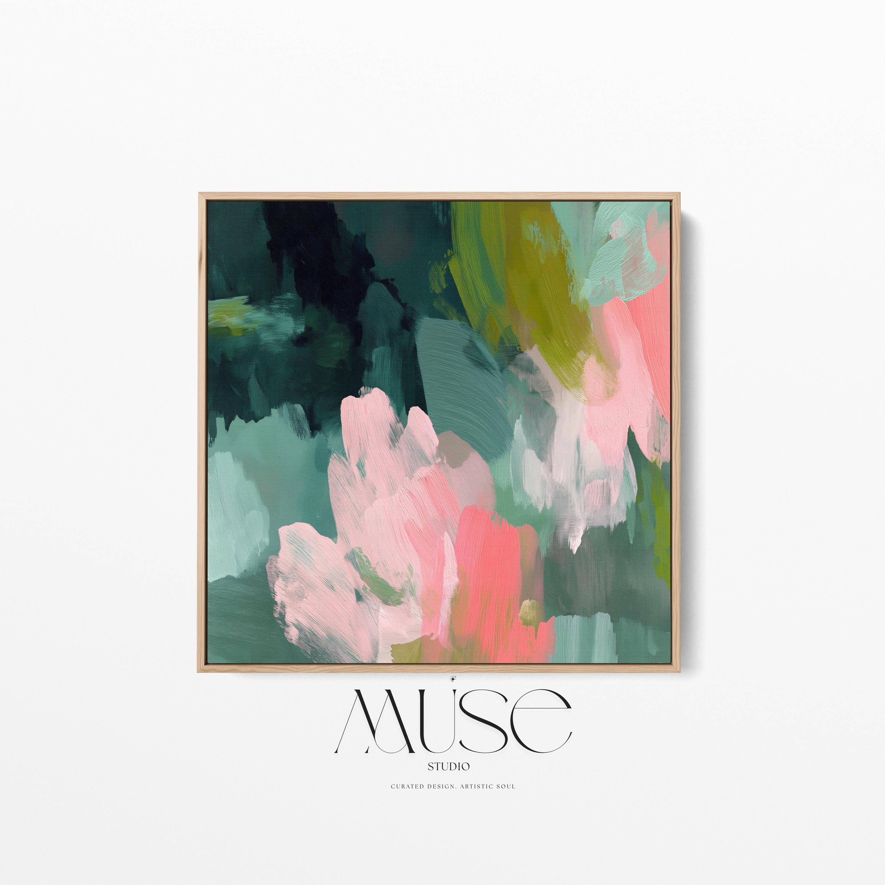 Tidal Melody No. 1038 by Muse Studio & Co. teal blush pink abstract wall art printed with museum-grade giclée inks on premium gallery-wrapped cotton canvas and custom framed in natural, white, black, antique gold, or antique silver float frames to complement any decor style, styled above a neutral linen sofa in a curated living room with organic modern interiors.