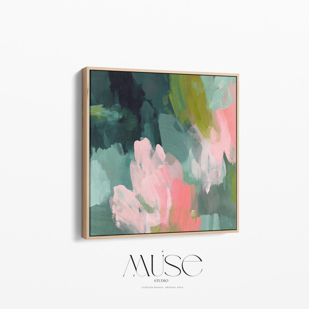 Tidal Melody No. 1038 by Muse Studio & Co. teal blush pink abstract wall art printed with museum-grade giclée inks on premium gallery-wrapped cotton canvas and custom framed in natural, white, black, antique gold, or antique silver float frames to complement any decor style, styled above a neutral linen sofa in a curated living room with organic modern interiors.