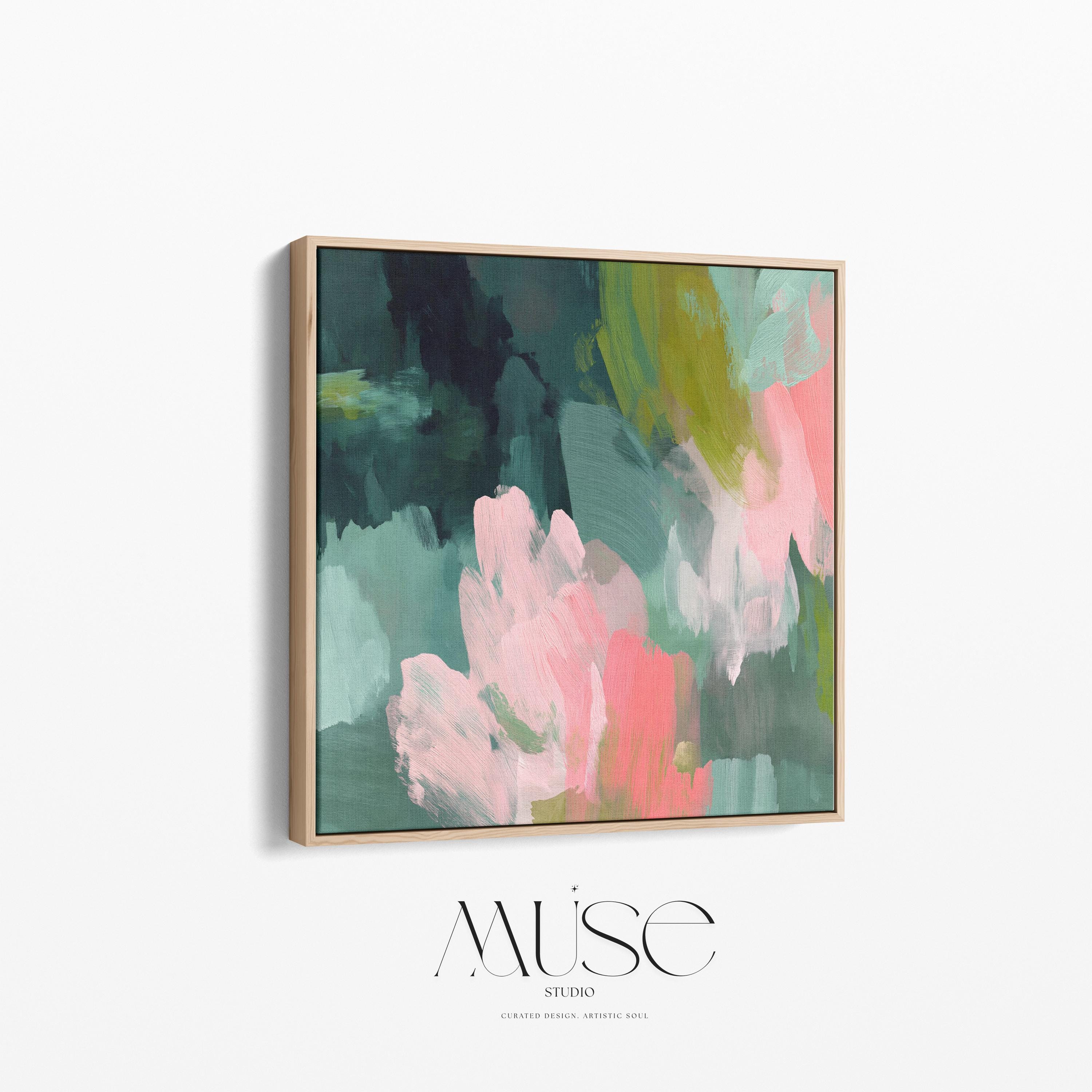Tidal Melody No. 1038 by Muse Studio & Co. teal blush pink abstract wall art printed with museum-grade giclée inks on premium gallery-wrapped cotton canvas and custom framed in natural, white, black, antique gold, or antique silver float frames to complement any decor style, styled above a neutral linen sofa in a curated living room with organic modern interiors.