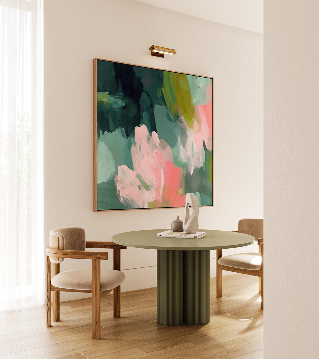 Tidal Melody No. 1038 by Muse Studio & Co. teal blush pink abstract wall art printed with museum-grade giclée inks on premium gallery-wrapped cotton canvas and custom framed in natural, white, black, antique gold, or antique silver float frames to complement any decor style, styled above a neutral linen sofa in a curated living room with organic modern interiors.
