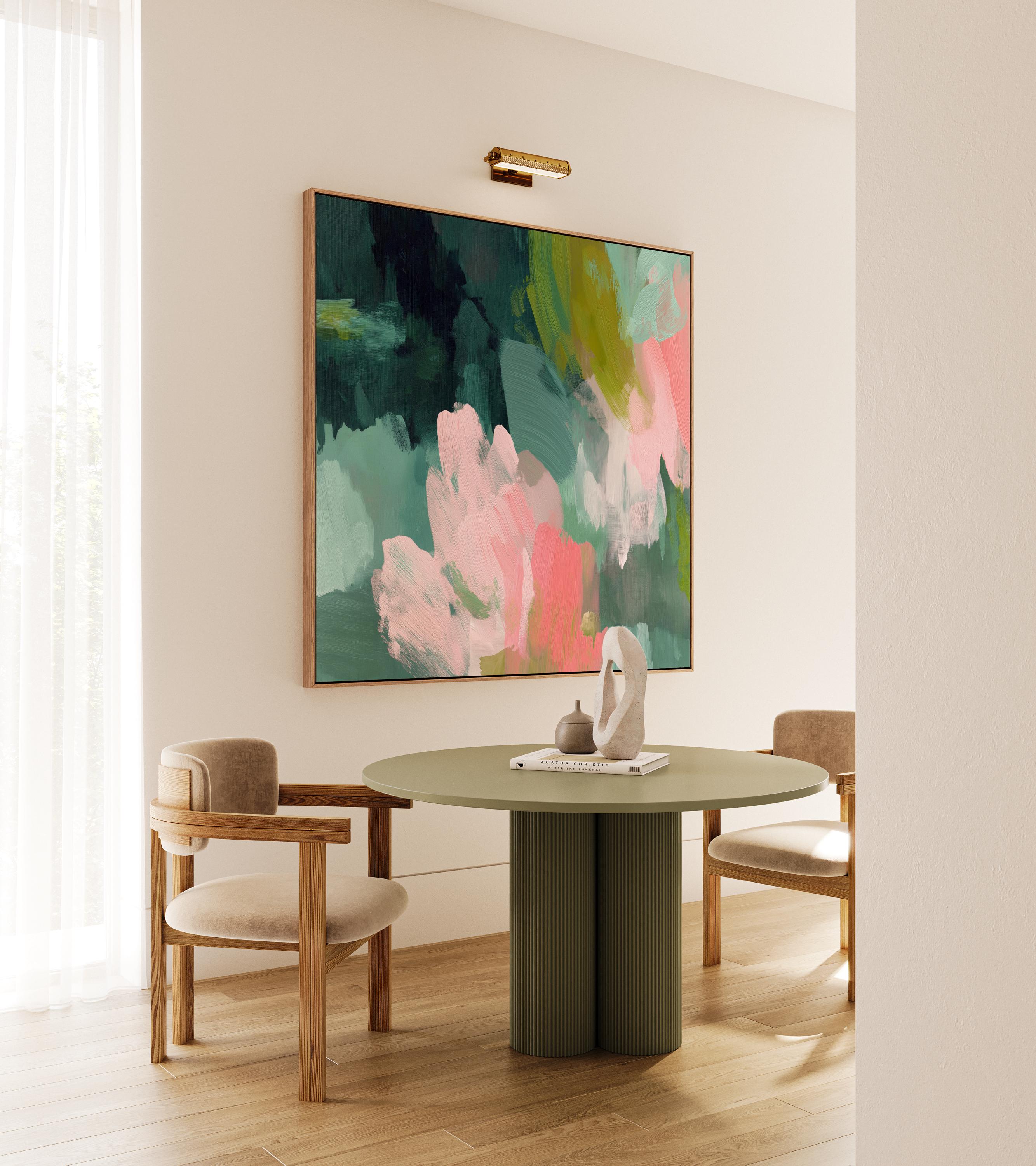 Tidal Melody No. 1038 by Muse Studio & Co. teal blush pink abstract wall art printed with museum-grade giclée inks on premium gallery-wrapped cotton canvas and custom framed in natural, white, black, antique gold, or antique silver float frames to complement any decor style, styled above a neutral linen sofa in a curated living room with organic modern interiors.