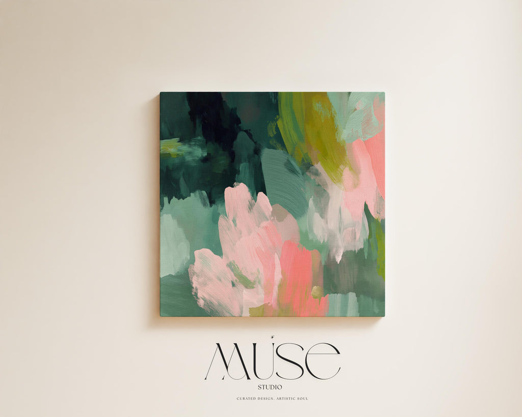 Tidal Melody No. 1038 by Muse Studio & Co. teal blush pink abstract canvas wall art printed with museum-grade giclée inks on premium gallery-wrapped artist canvas, styled above a neutral bed in a serene contemporary bedroom.