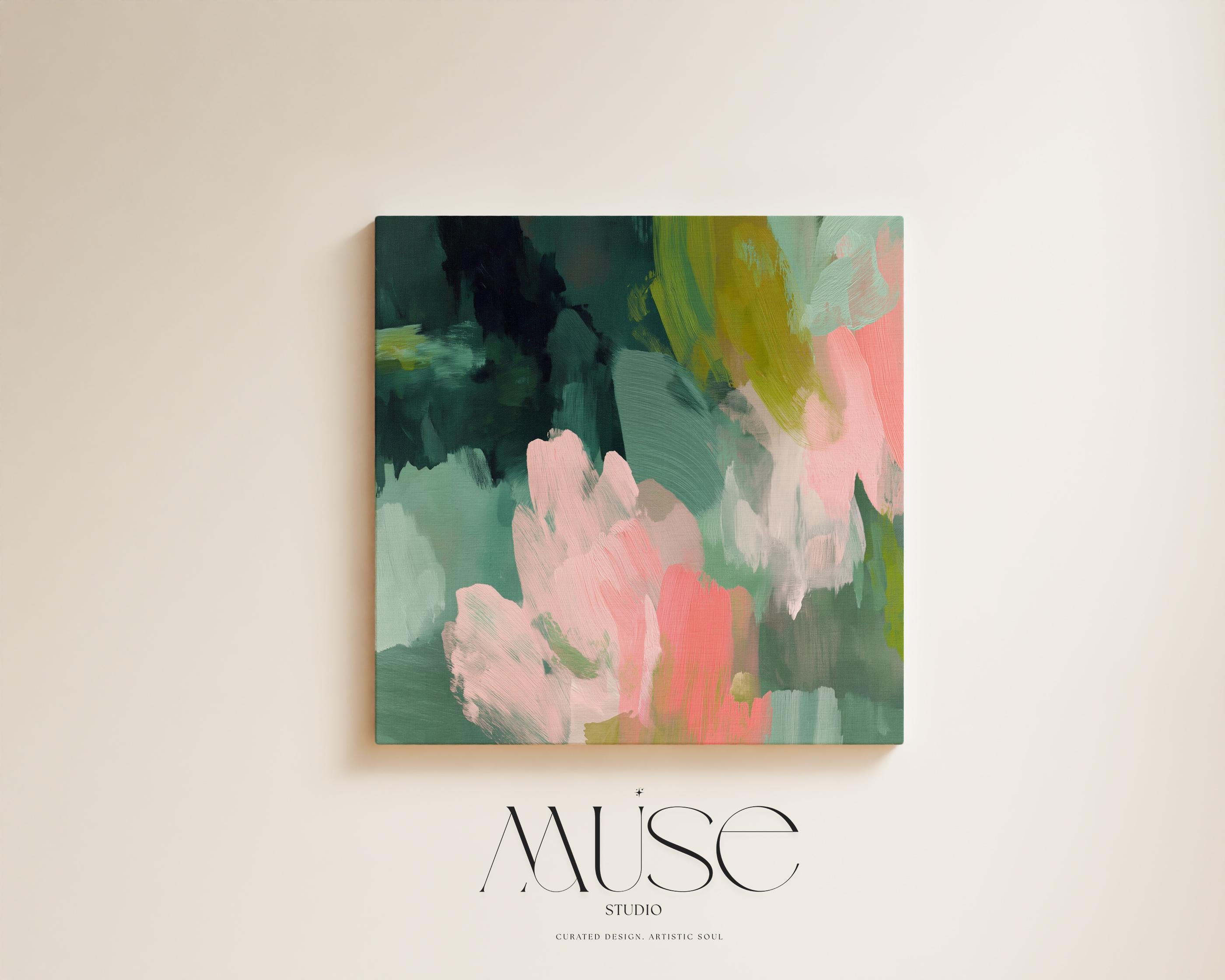 Tidal Melody No. 1038 by Muse Studio & Co. teal blush pink abstract canvas wall art printed with museum-grade giclée inks on premium gallery-wrapped artist canvas, styled above a neutral bed in a serene contemporary bedroom.