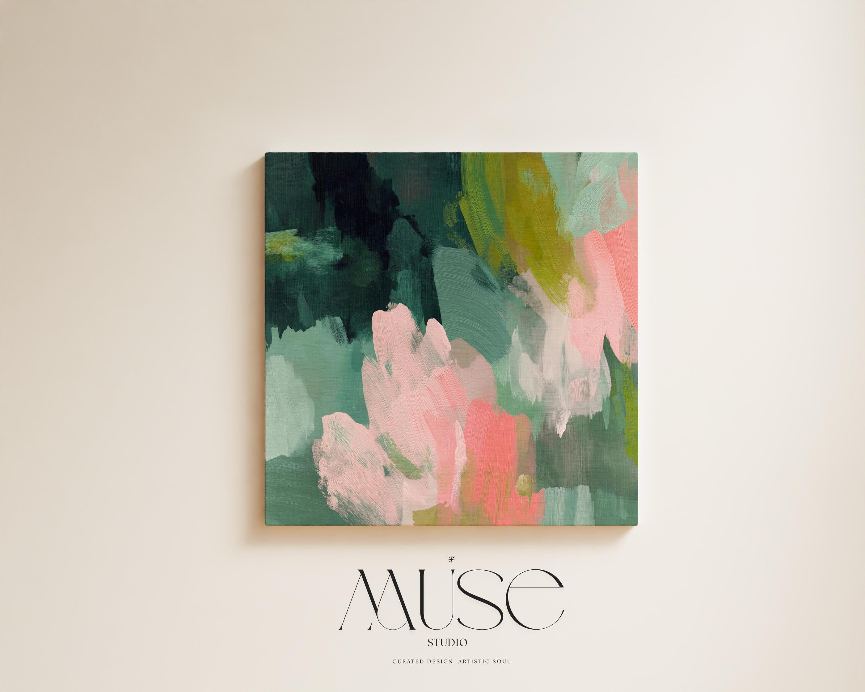 Tidal Melody No. 1038 by Muse Studio & Co. teal blush pink abstract canvas wall art printed with museum-grade giclée inks on premium gallery-wrapped artist canvas, styled above a neutral bed in a serene contemporary bedroom.