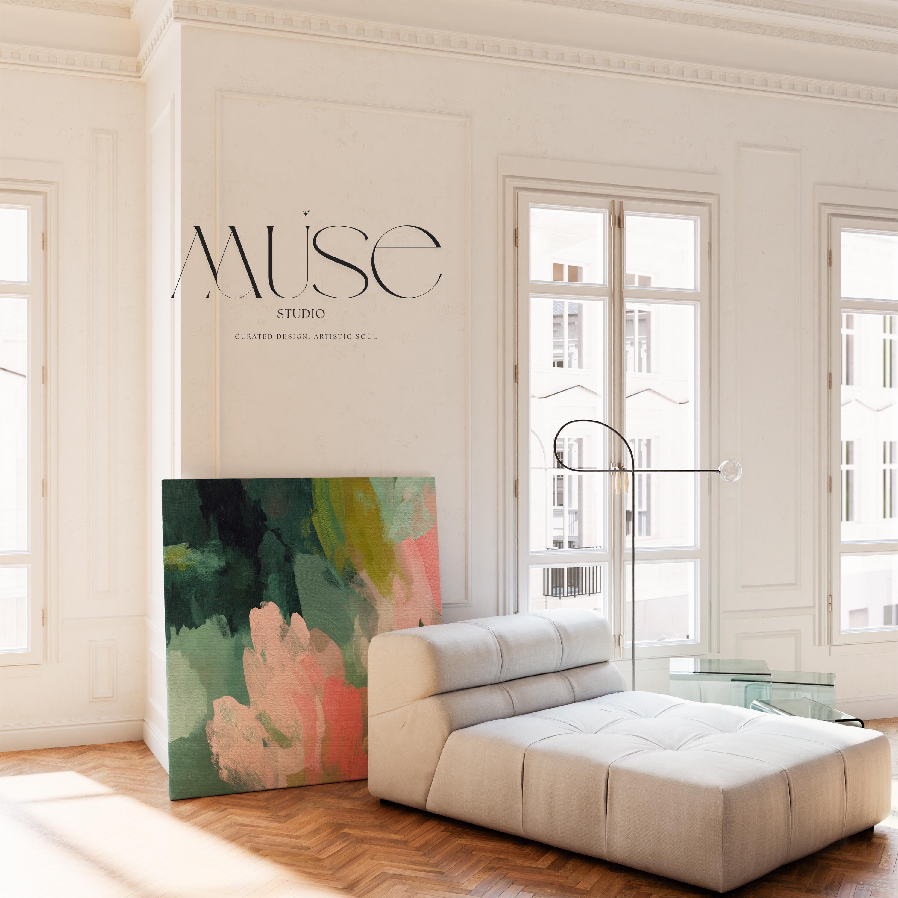 Tidal Melody No. 1038 by Muse Studio & Co. teal blush pink abstract canvas wall art printed with museum-grade giclée inks on premium gallery-wrapped artist canvas, styled above a neutral bed in a serene contemporary bedroom.