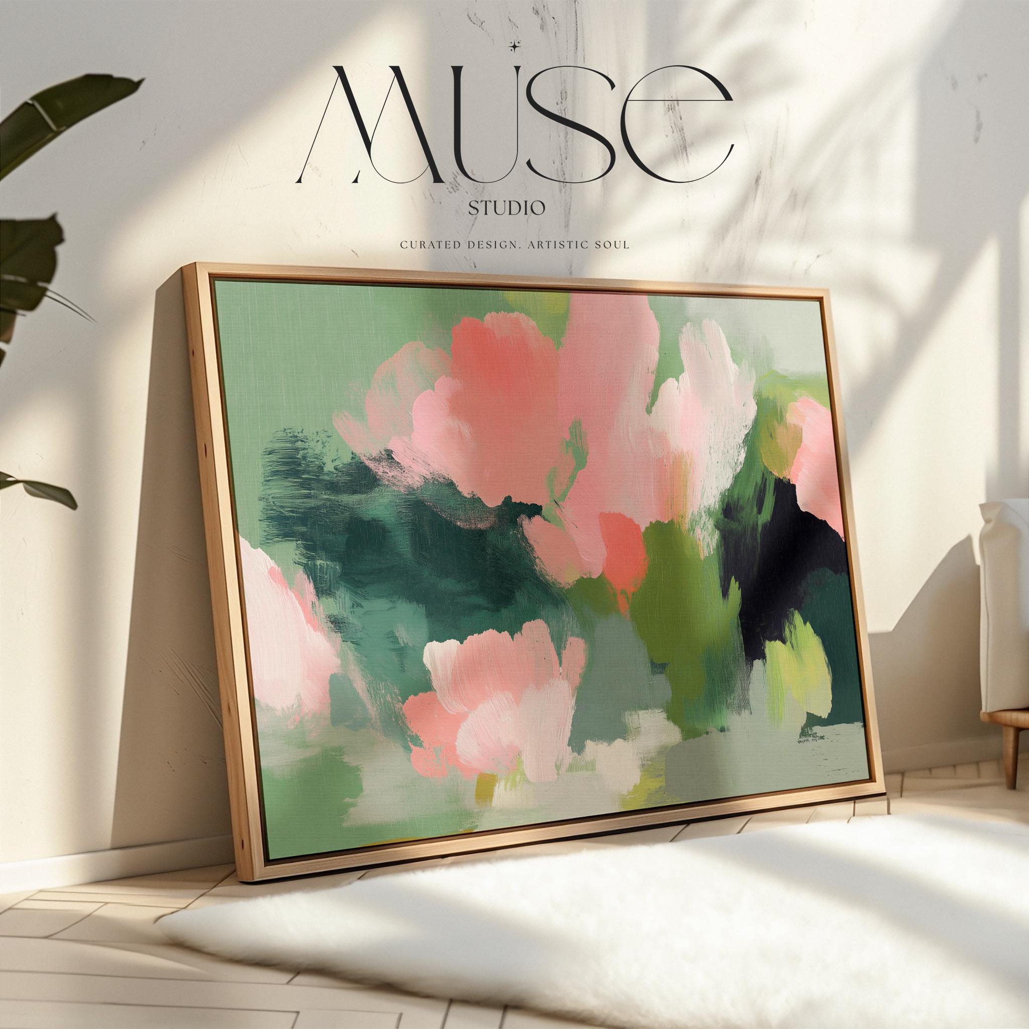 Coral Bloom No. 1040 by Muse Studio & Co. coral pink floral wall art with blush and sage abstract botanical brushwork printed with museum-grade giclée inks on premium gallery-wrapped cotton canvas and custom framed in natural, white, black, antique gold, or antique silver float frames to complement any decor style, styled in a coastal tropical beach home living room with light wood floors and airy interiors.