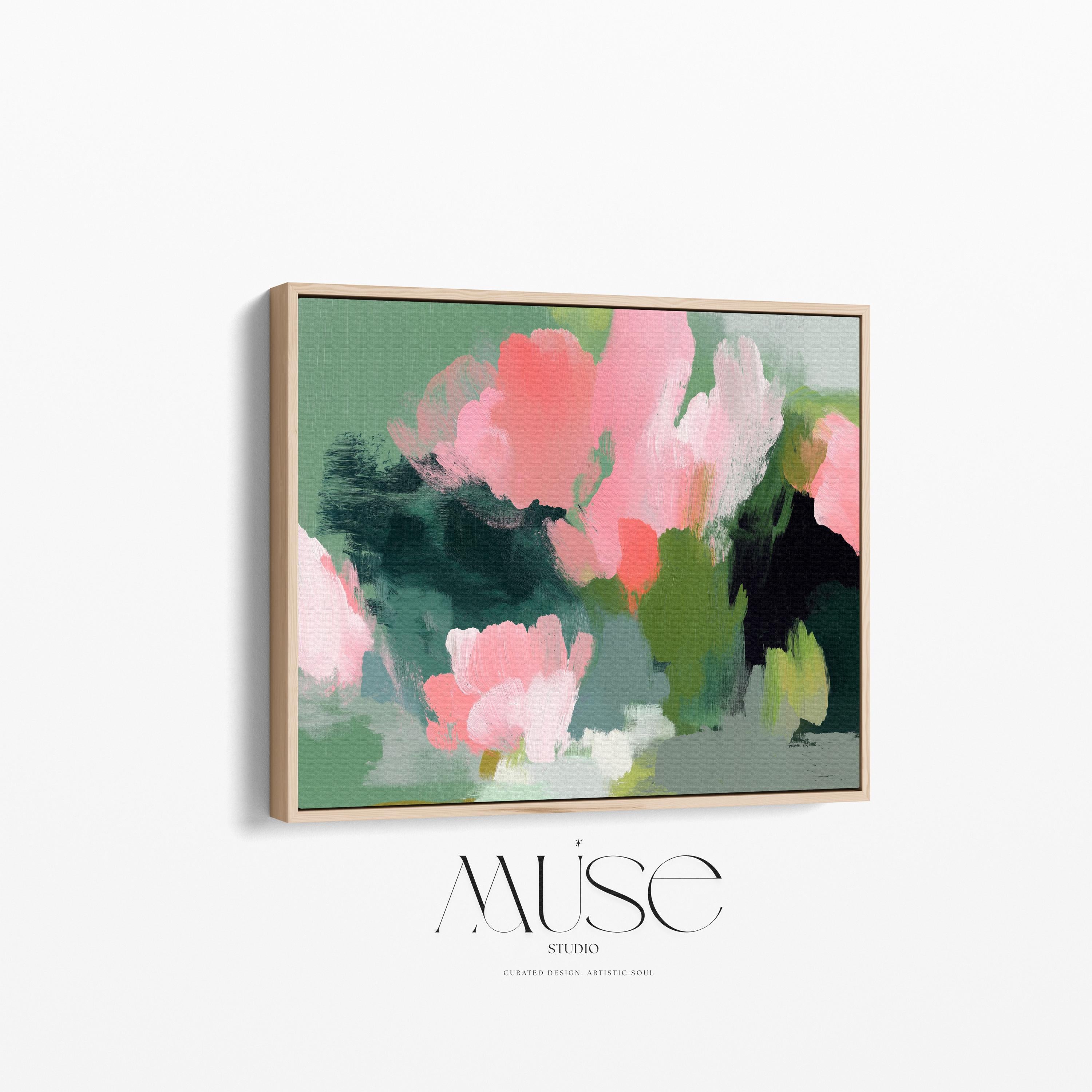 Coral Bloom No. 1040 by Muse Studio & Co. coral pink floral wall art with blush and sage abstract botanical brushwork printed with museum-grade giclée inks on premium gallery-wrapped cotton canvas and custom framed in natural, white, black, antique gold, or antique silver float frames to complement any decor style, styled in a coastal tropical beach home living room with light wood floors and airy interiors.