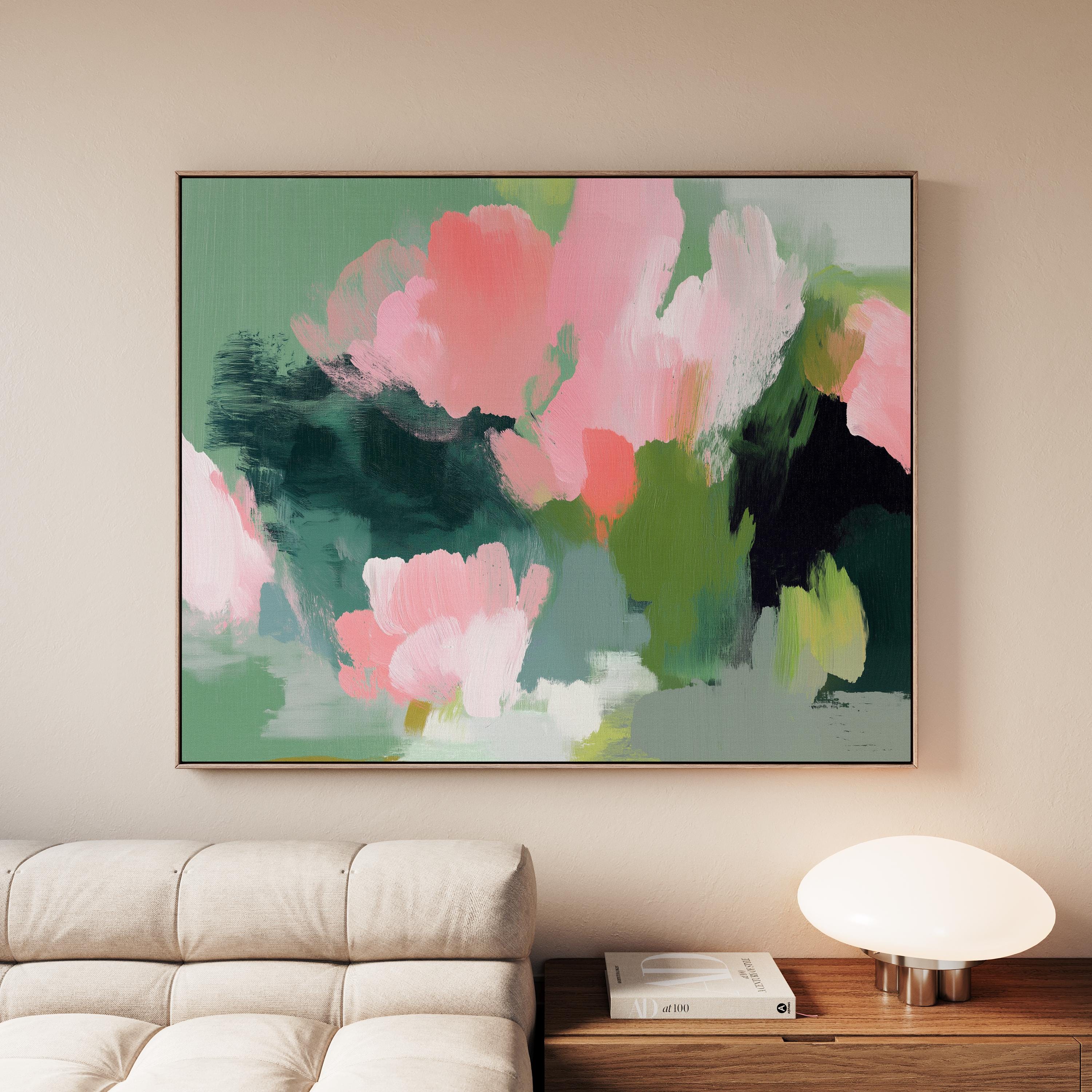 Coral Bloom No. 1040 by Muse Studio & Co. coral pink floral wall art with blush and sage abstract botanical brushwork printed with museum-grade giclée inks on premium gallery-wrapped cotton canvas and custom framed in natural, white, black, antique gold, or antique silver float frames to complement any decor style, styled in a coastal tropical beach home living room with light wood floors and airy interiors.