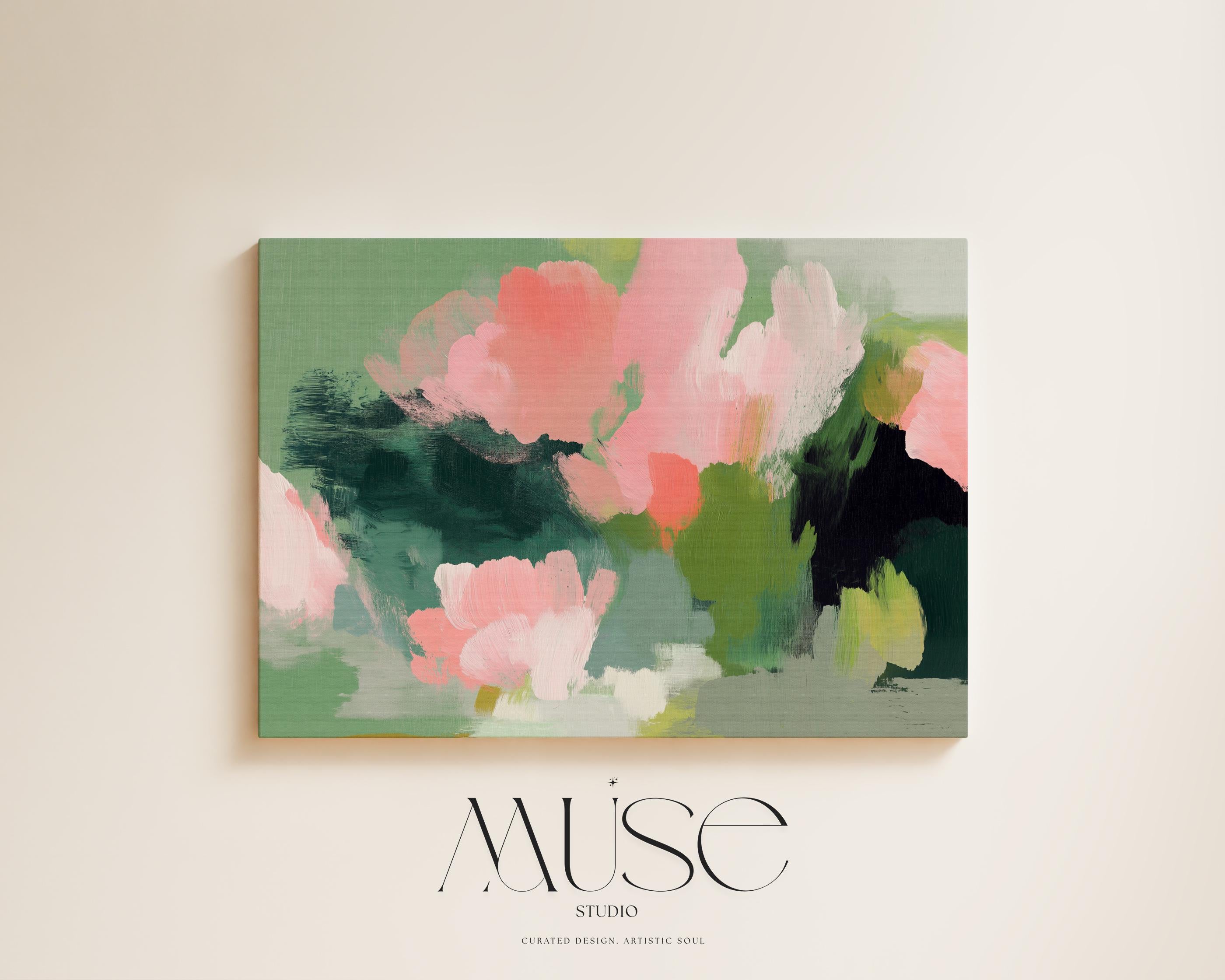 Coral Bloom No. 1040 by Muse Studio & Co. coral blush pink floral abstract canvas wall art printed with museum-grade giclée inks on premium gallery-wrapped artist canvas with optional natural, white, black, antique gold, or antique silver float frames to match any decor style, styled in a coastal tropical beach bedroom with soft neutral linens and breezy interiors.