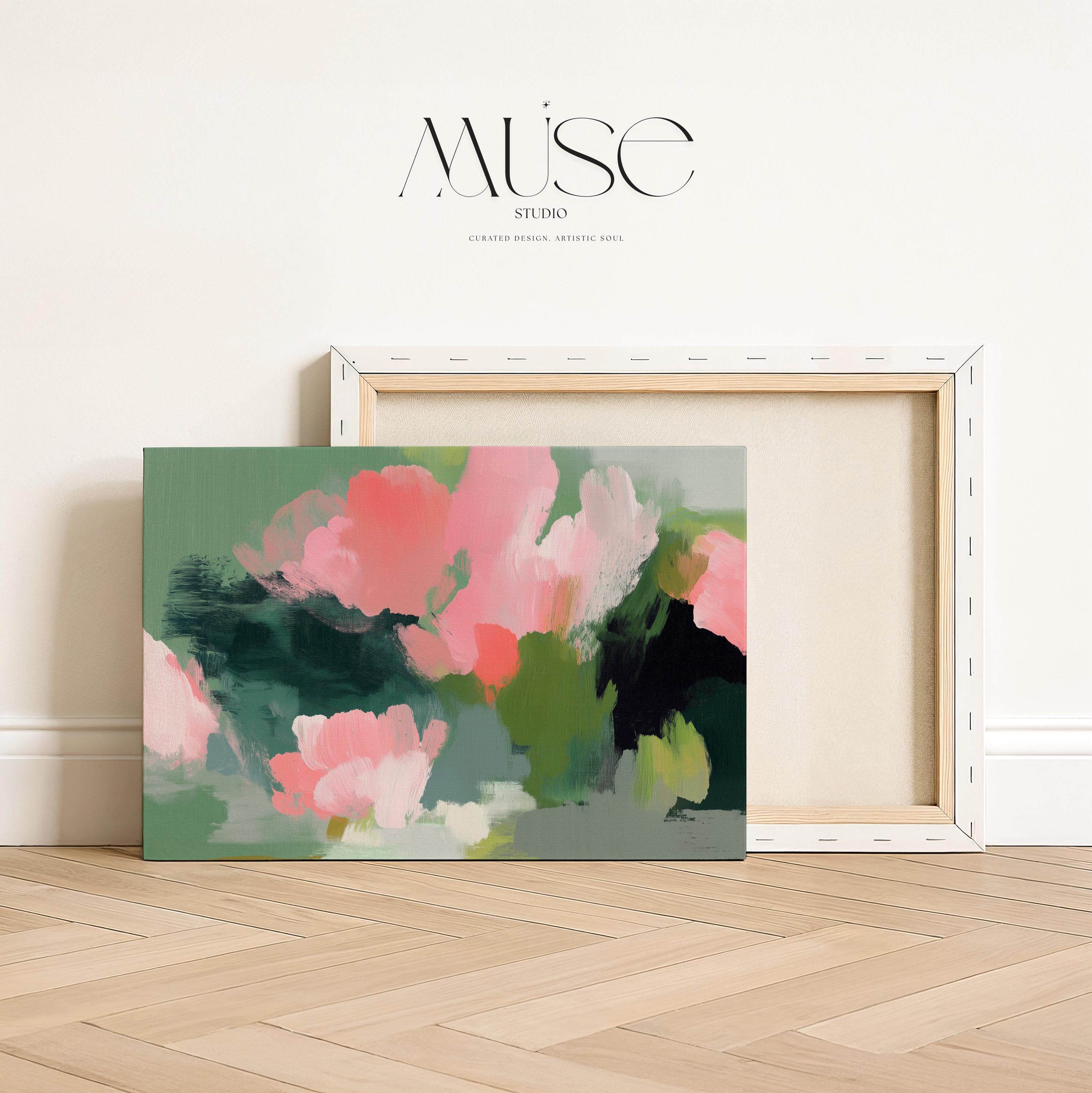 Coral Bloom No. 1040 by Muse Studio & Co. coral blush pink floral abstract canvas wall art printed with museum-grade giclée inks on premium gallery-wrapped artist canvas with optional natural, white, black, antique gold, or antique silver float frames to match any decor style, styled in a coastal tropical beach bedroom with soft neutral linens and breezy interiors.