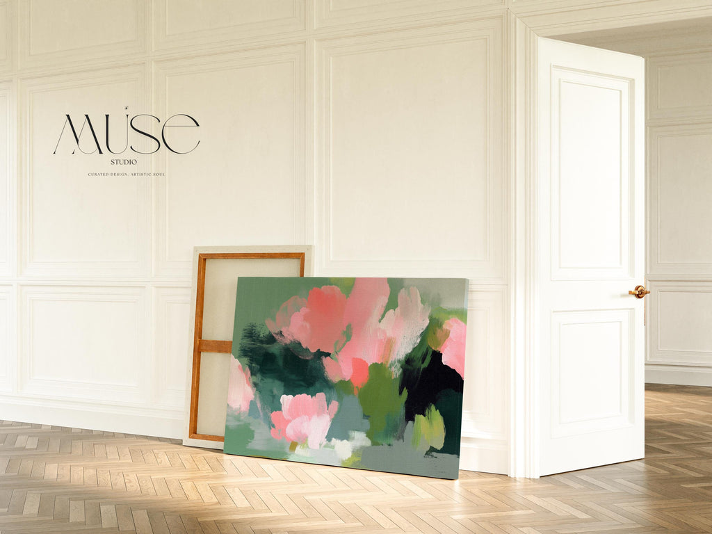 Coral Bloom No. 1040 by Muse Studio & Co. coral blush pink floral abstract canvas wall art printed with museum-grade giclée inks on premium gallery-wrapped artist canvas with optional natural, white, black, antique gold, or antique silver float frames to match any decor style, styled in a coastal tropical beach bedroom with soft neutral linens and breezy interiors.
