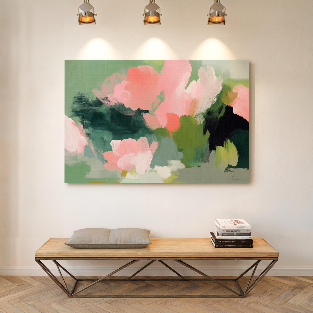 Coral Bloom No. 1040 by Muse Studio & Co. coral blush pink floral abstract canvas wall art printed with museum-grade giclée inks on premium gallery-wrapped artist canvas with optional natural, white, black, antique gold, or antique silver float frames to match any decor style, styled in a coastal tropical beach bedroom with soft neutral linens and breezy interiors.