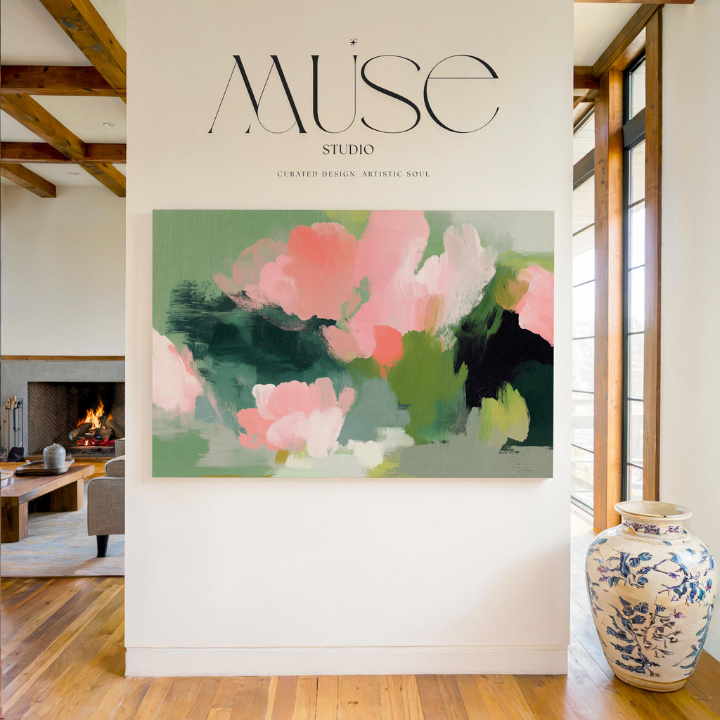 Coral Bloom No. 1040 by Muse Studio & Co. coral blush pink floral abstract canvas wall art printed with museum-grade giclée inks on premium gallery-wrapped artist canvas with optional natural, white, black, antique gold, or antique silver float frames to match any decor style, styled in a coastal tropical beach bedroom with soft neutral linens and breezy interiors.