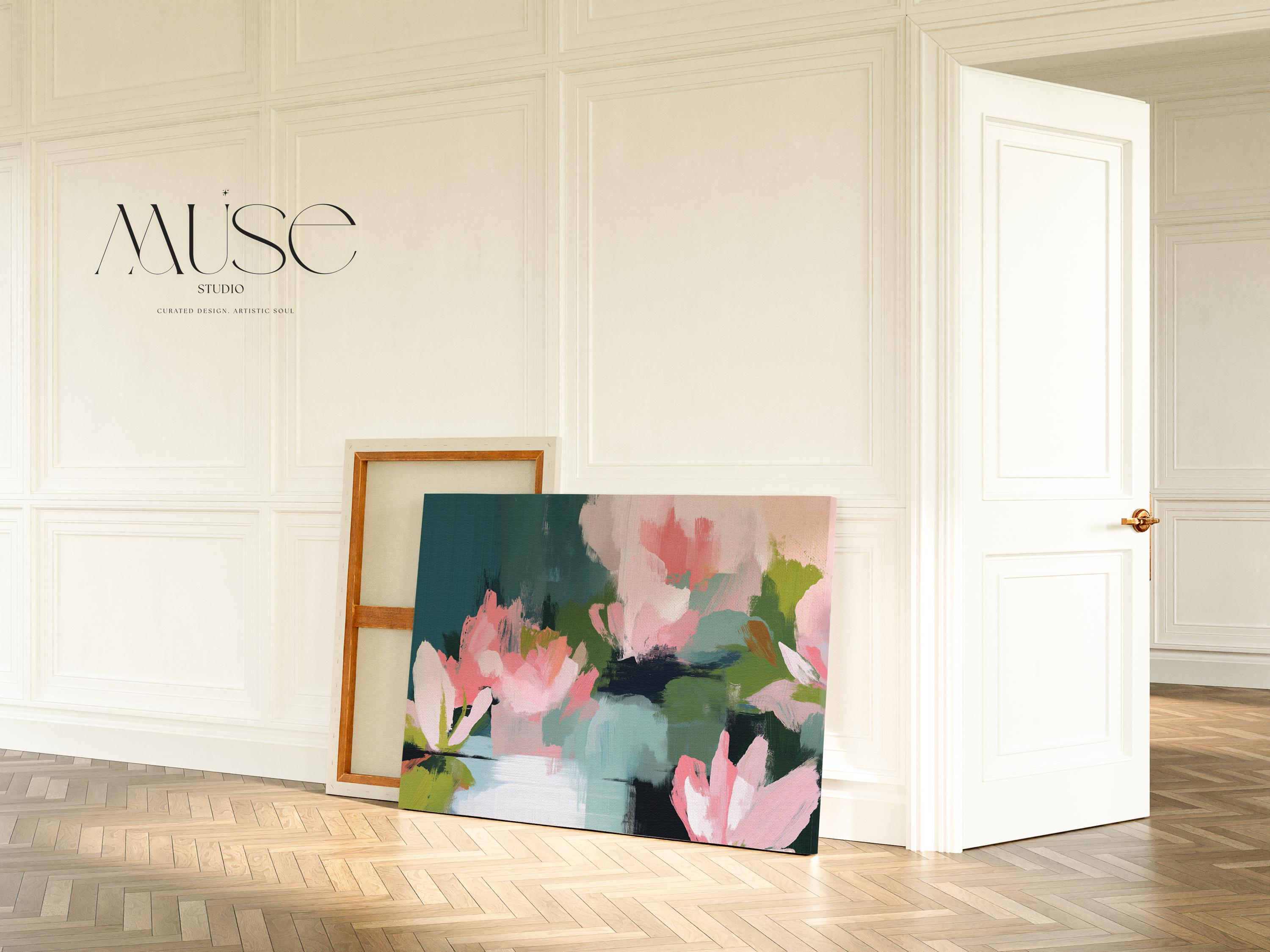 Magnolia Reverie No. 1037 by Muse Studio & Co. blush pink magnolia floral canvas wall art with sage green and deep teal botanical brushwork printed with museum-grade giclée inks on premium gallery-wrapped artist canvas with optional natural, white, black, antique gold, or antique silver float frames to match any decor style, styled in a coastal tropical beach bedroom with soft neutral linens and breezy interiors.