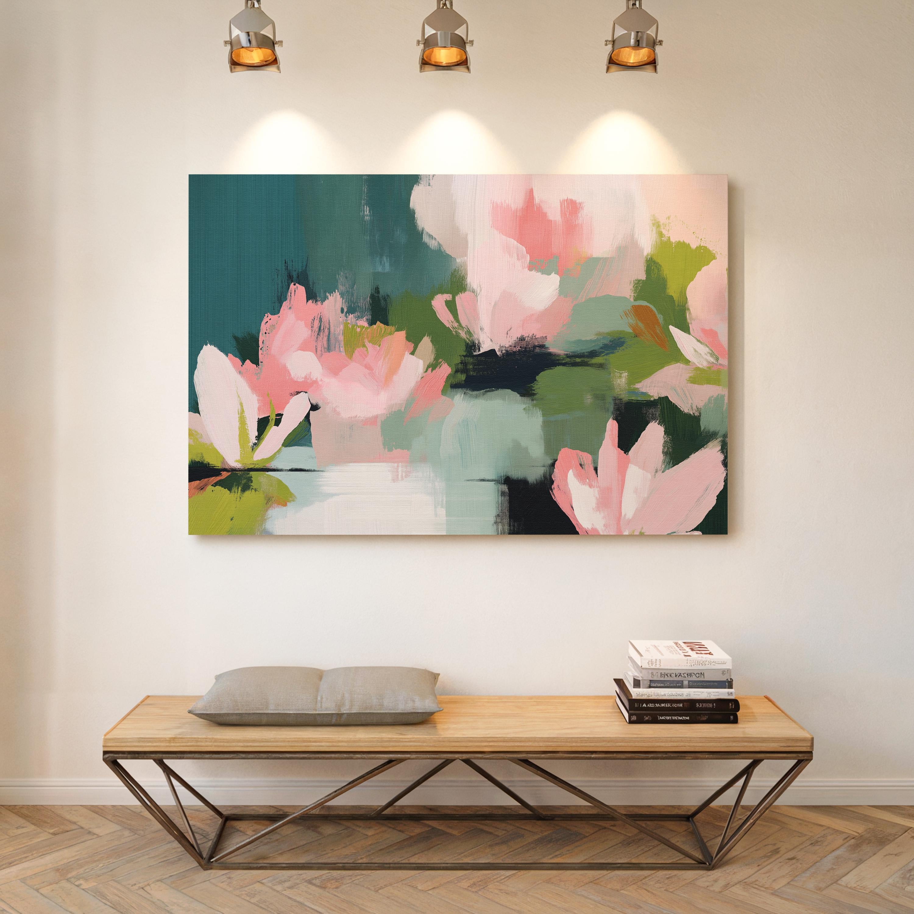 Magnolia Reverie No. 1037 by Muse Studio & Co. blush pink magnolia floral canvas wall art with sage green and deep teal botanical brushwork printed with museum-grade giclée inks on premium gallery-wrapped artist canvas with optional natural, white, black, antique gold, or antique silver float frames to match any decor style, styled in a coastal tropical beach bedroom with soft neutral linens and breezy interiors.