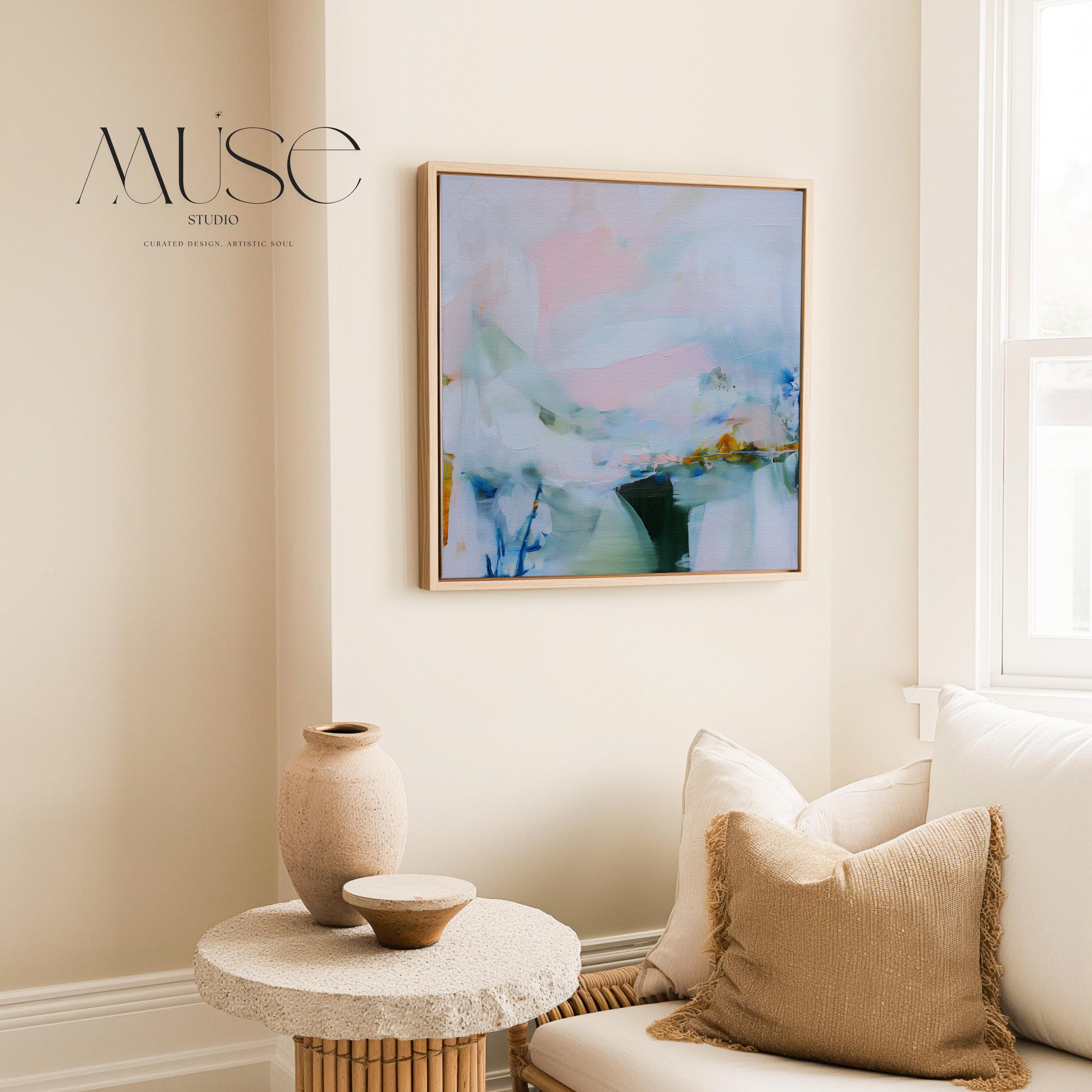 Large Framed Abstract Canvas Wall Art · Blush Pink Blue Soft Pastel Painting for Bathroom Spa Living Room or Bedroom · Calm Serene Modern Wall Decor on Premium Artist Canvas Printed with Museum-Grade Giclée Inks · Solid Wood Frame Ready to Hang · Oversized Statement Art · Muse Studio Whisper Drift 1045