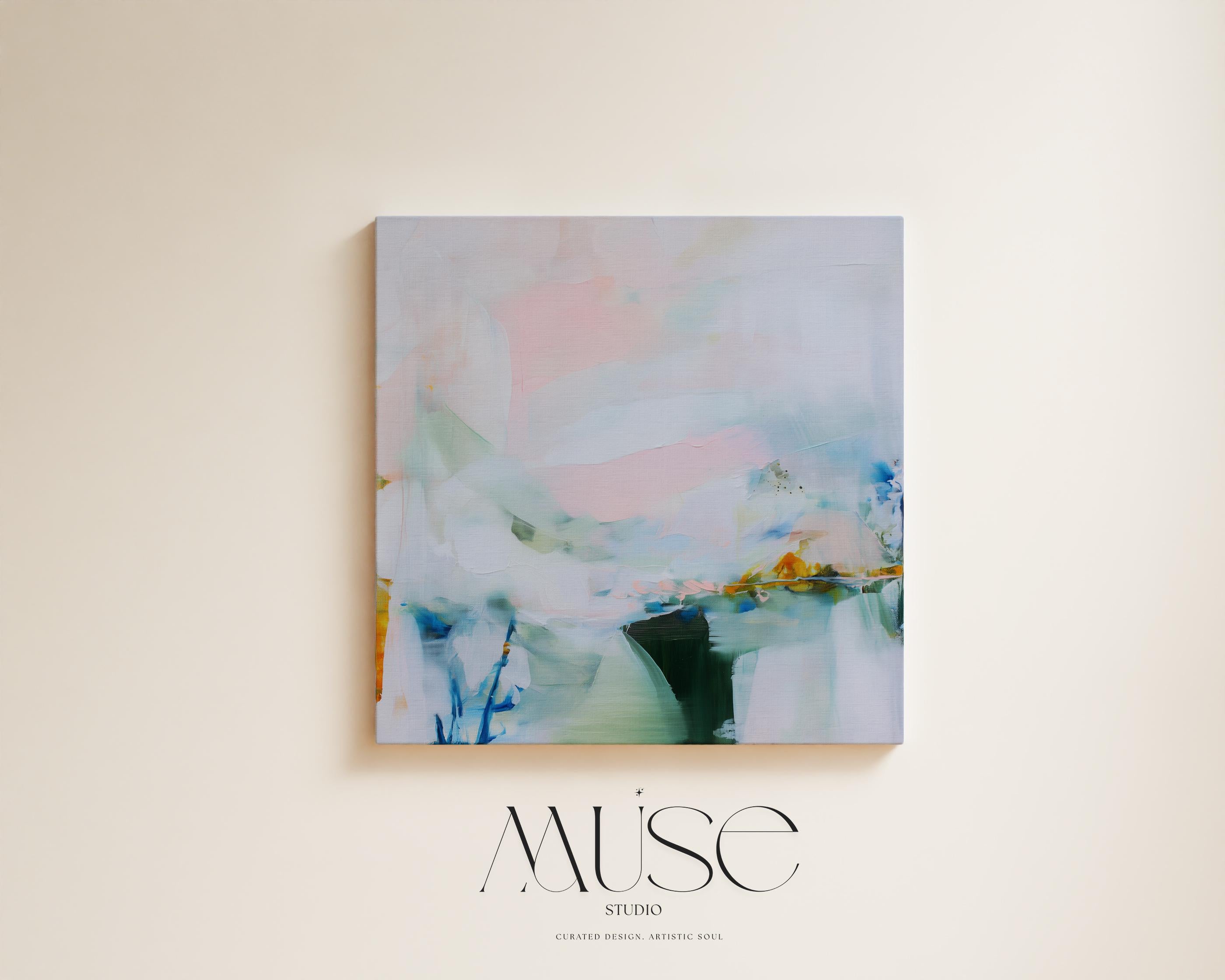 Muse Studio large abstract canvas wall art featuring blush, misted blue, soft sage, deep teal, and warm ochre accents, printed with museum-quality giclée inks on premium artist-grade gallery-wrapped canvas, styled above a linen bed in a calm organic transitional bedroom with natural wood and textured neutral decor.
