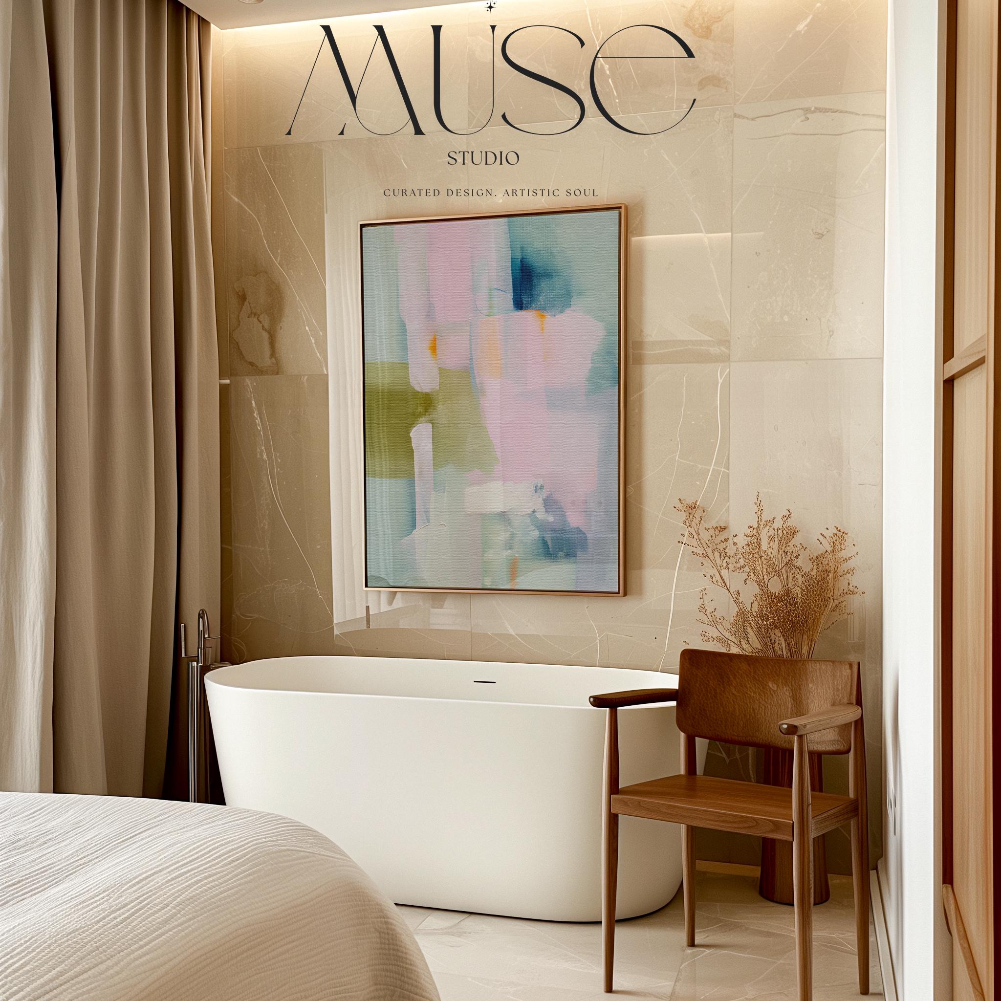Muse Studio framed abstract wall art titled Soft Sonata 1043 in blush, sage, lilac, and misted blue, printed with museum-grade giclée inks on premium gallery-wrapped canvas in a natural wood float frame, styled vertically in a serene organic transitional bedroom and spa-inspired bathroom with warm oak and soft neutral textiles.