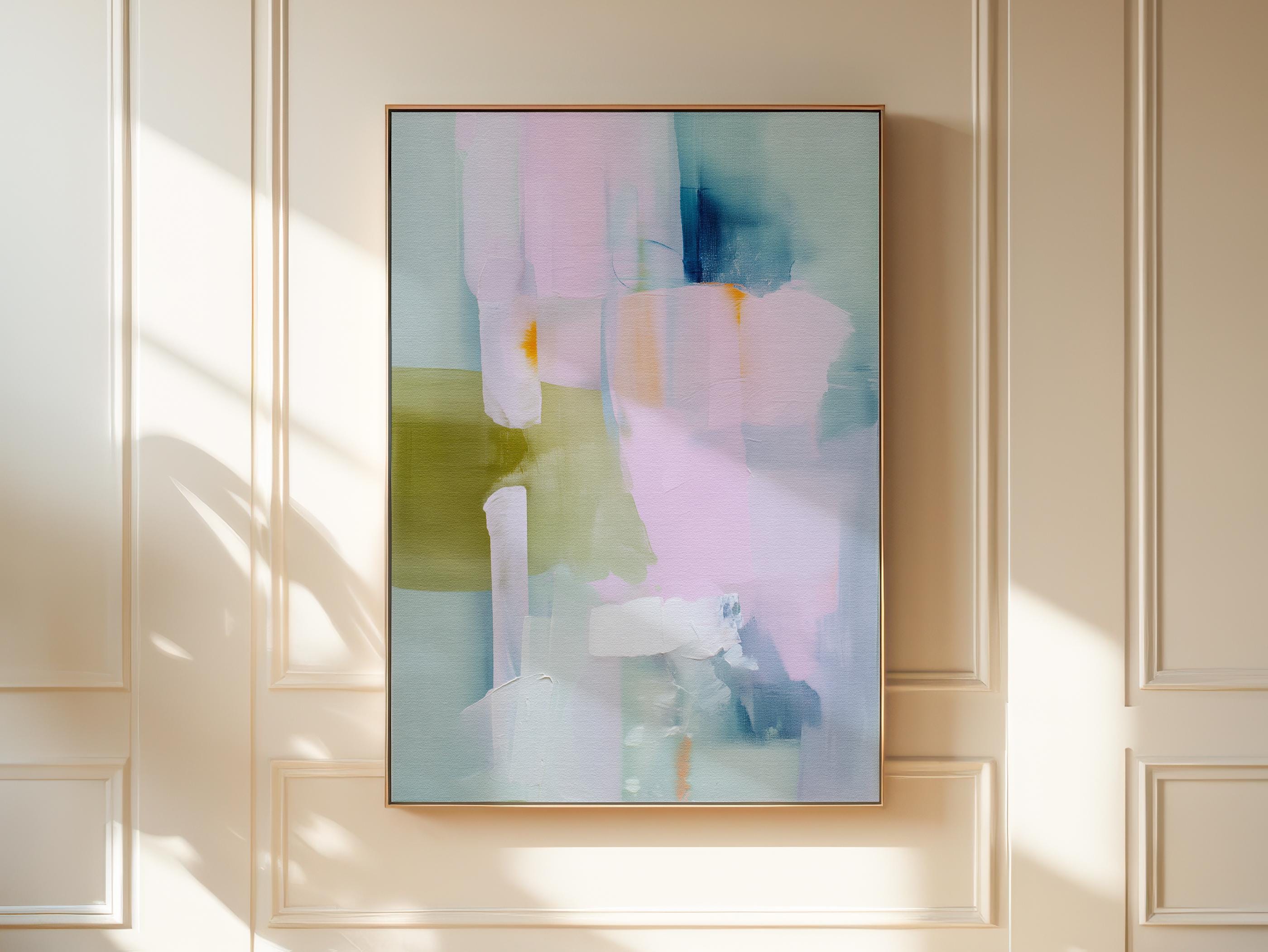 Muse Studio framed abstract wall art titled Soft Sonata 1043 in blush, sage, lilac, and misted blue, printed with museum-grade giclée inks on premium gallery-wrapped canvas in a natural wood float frame, styled vertically in a serene organic transitional bedroom and spa-inspired bathroom with warm oak and soft neutral textiles.