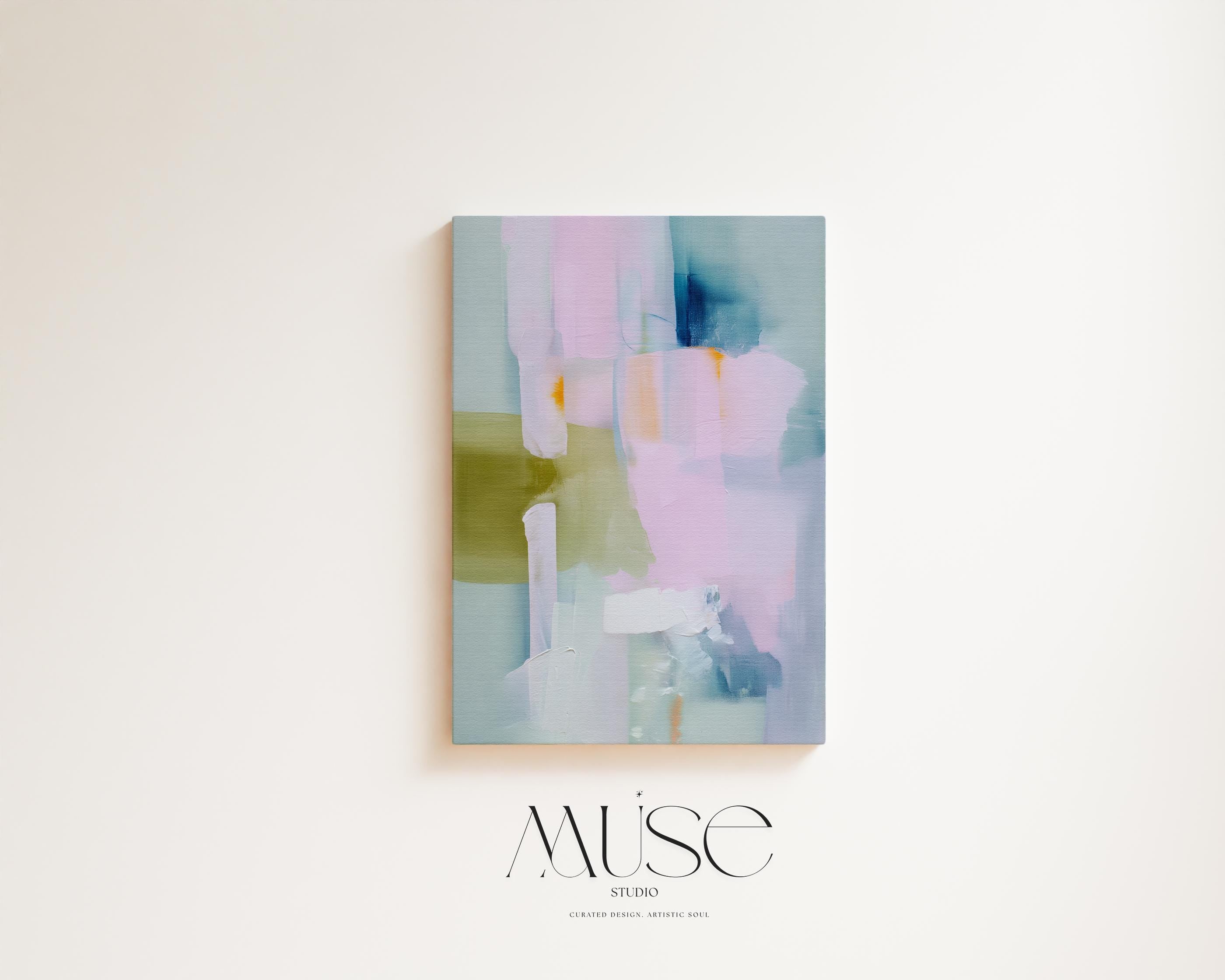 Muse Studio large vertical abstract canvas wall art printed with museum-grade giclée inks on premium gallery-wrapped canvas, featuring blush and sage pastel tones in an Organic Transitional style, styled above a bed in a serene coastal bedroom.