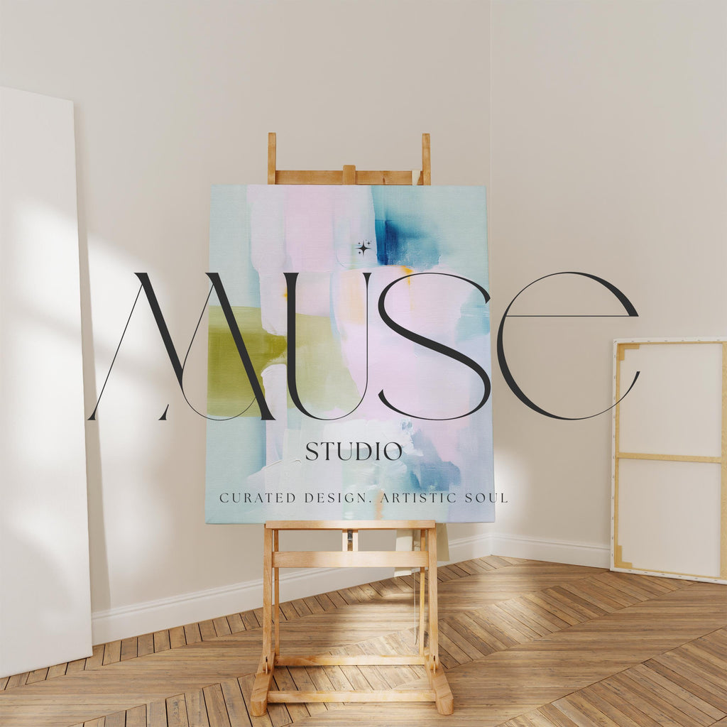 Muse Studio large vertical abstract canvas wall art printed with museum-grade giclée inks on premium gallery-wrapped canvas, featuring blush and sage pastel tones in an Organic Transitional style, styled above a bed in a serene coastal bedroom.