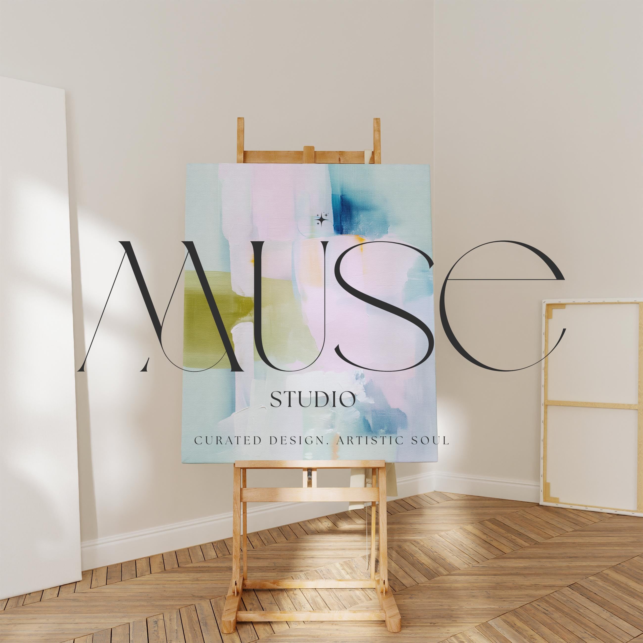 Muse Studio large vertical abstract canvas wall art printed with museum-grade giclée inks on premium gallery-wrapped canvas, featuring blush and sage pastel tones in an Organic Transitional style, styled above a bed in a serene coastal bedroom.