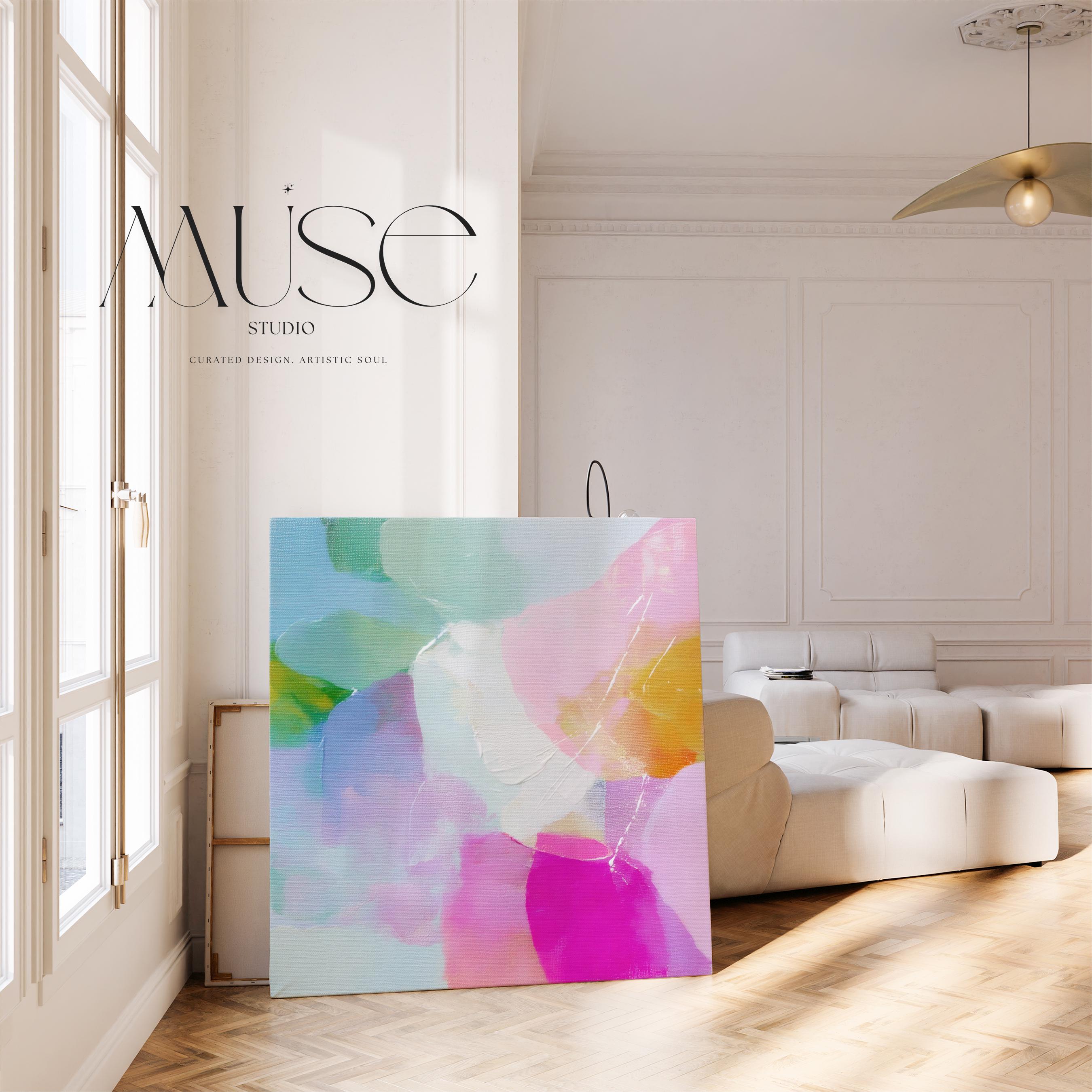 Muse Studio large square abstract canvas wall art printed with museum-grade giclée inks on premium gallery-wrapped canvas, featuring blush and aqua pastel tones in a Soft Contemporary Pastel style, styled above a bed in a serene bedroom.