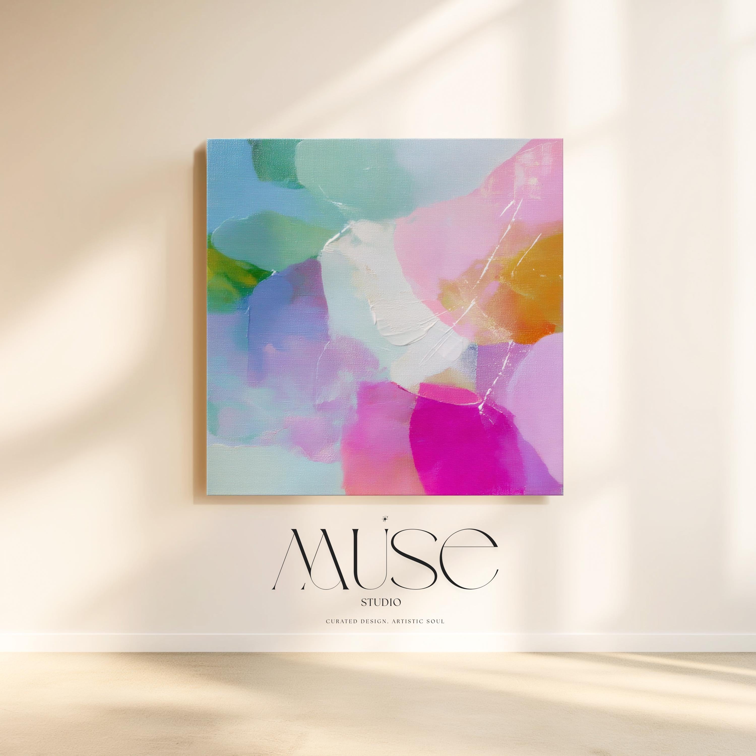 Muse Studio large square abstract canvas wall art printed with museum-grade giclée inks on premium gallery-wrapped canvas, featuring blush and aqua pastel tones in a Soft Contemporary Pastel style, styled above a bed in a serene bedroom.