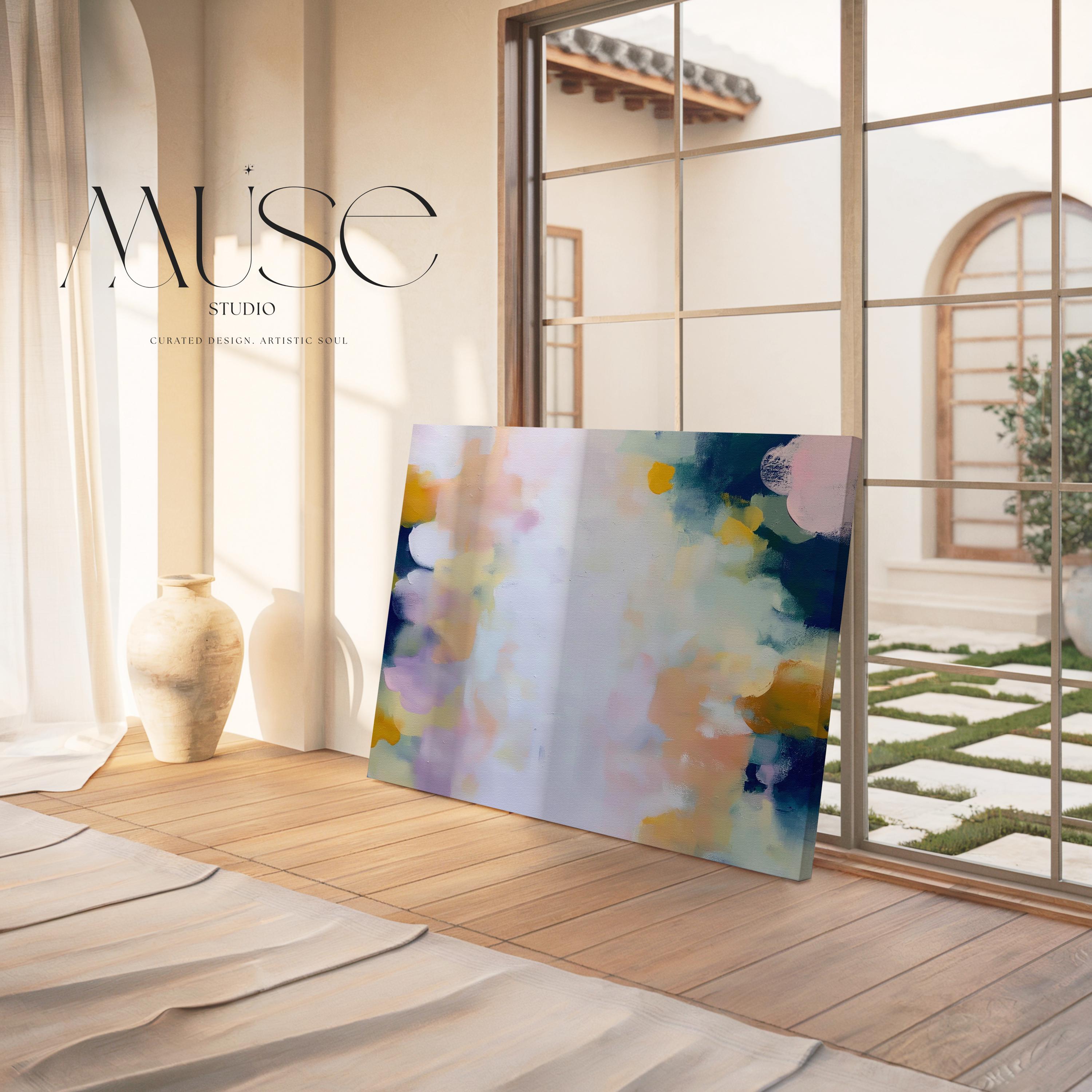 Muse Studio large horizontal abstract canvas wall art printed with museum-grade giclée inks on premium gallery-wrapped canvas, featuring blush and navy pastel tones in an Organic Transitional style, styled above a bed in a serene coastal bedroom.