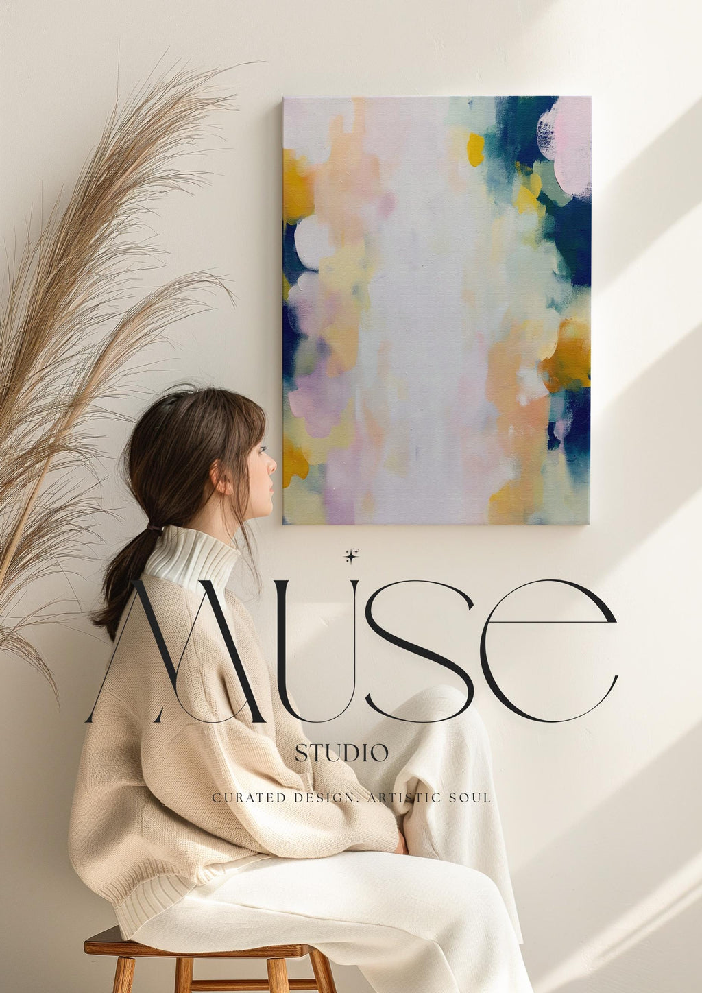 Muse Studio large vertical abstract canvas wall art printed with museum-grade giclée inks on premium gallery-wrapped canvas, featuring blush and navy pastel tones in an Organic Transitional style, styled above a dresser in a serene coastal bedroom.