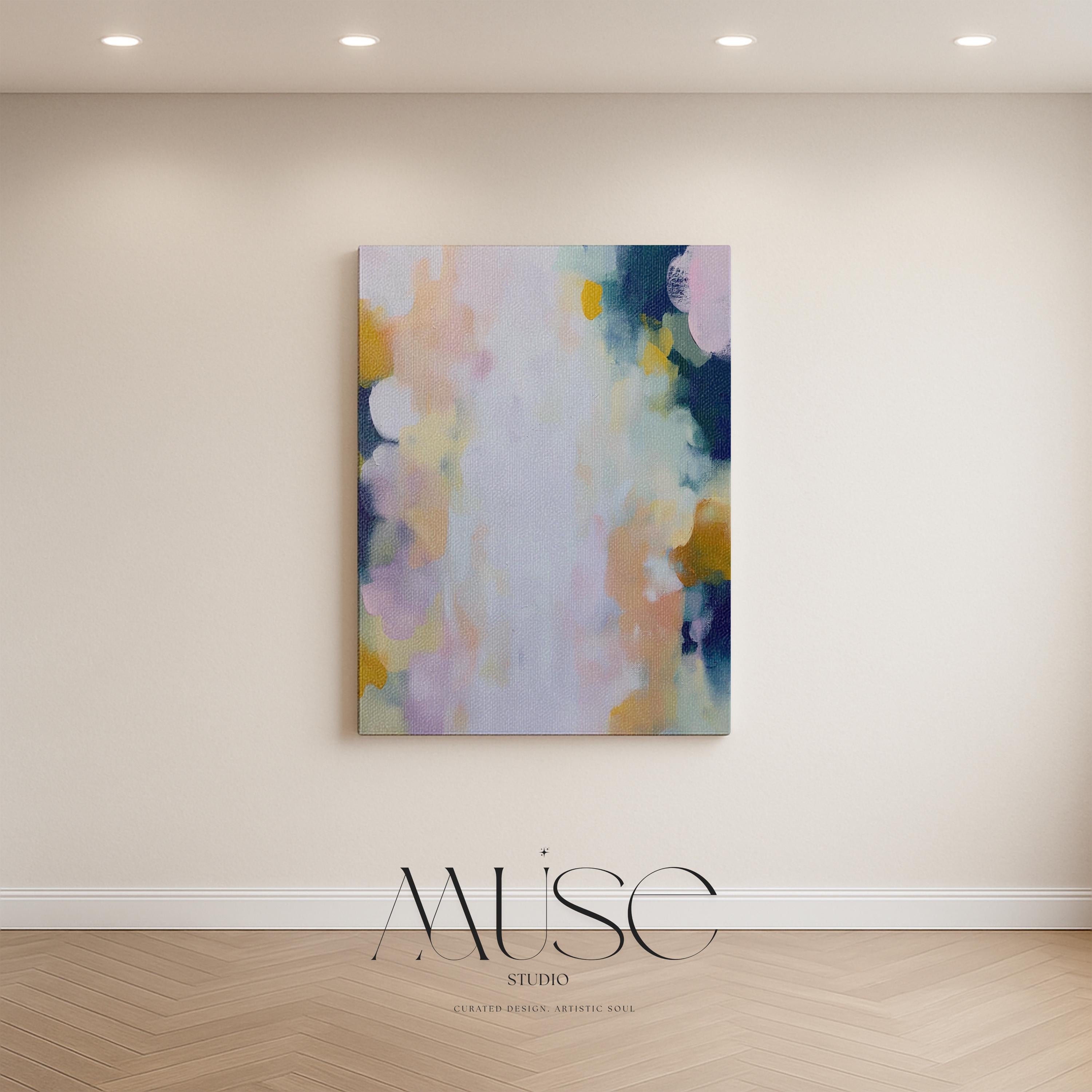 Muse Studio large vertical abstract canvas wall art printed with museum-grade giclée inks on premium gallery-wrapped canvas, featuring blush and navy pastel tones in an Organic Transitional style, styled above a dresser in a serene coastal bedroom.