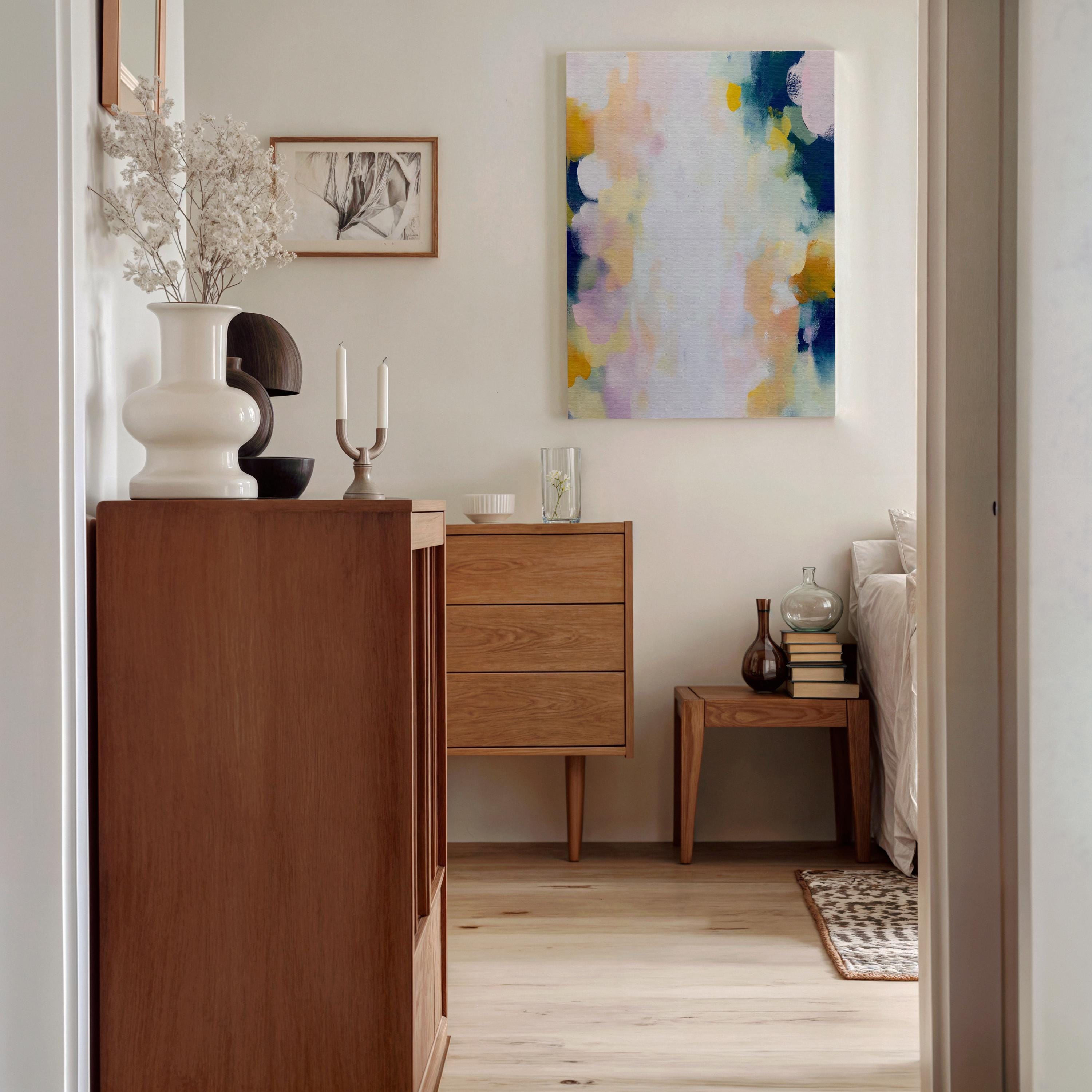 Muse Studio large vertical abstract canvas wall art printed with museum-grade giclée inks on premium gallery-wrapped canvas, featuring blush and navy pastel tones in an Organic Transitional style, styled above a dresser in a serene coastal bedroom.